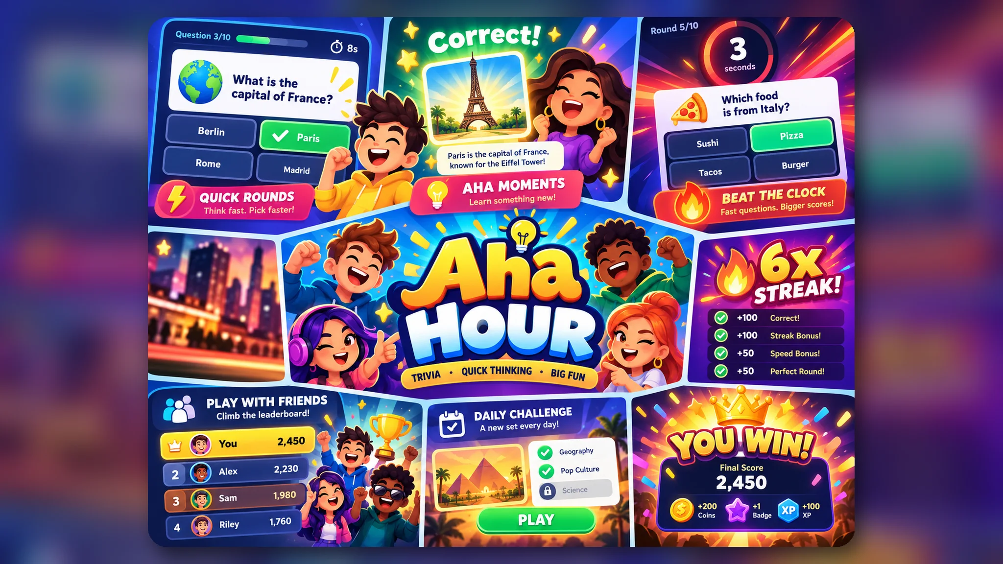 Aha Hour: cartoon friends cheering around trivia cards, a streak counter and a You Win trophy
