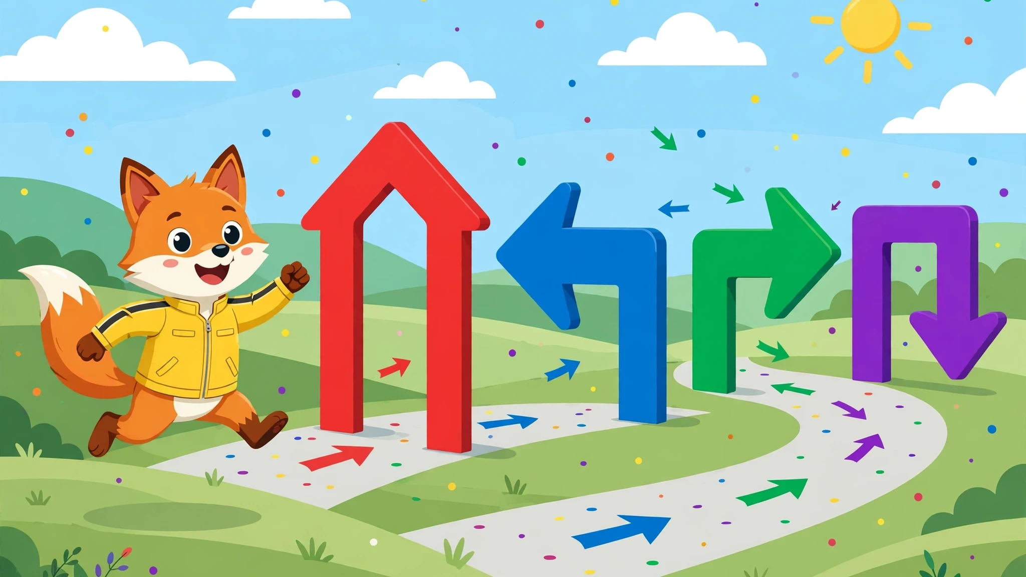 A cheerful fox in a yellow jacket leaps beside four giant arrow gates — red up, blue left, green right, purple down — on a winding path under a sunny blue sky.