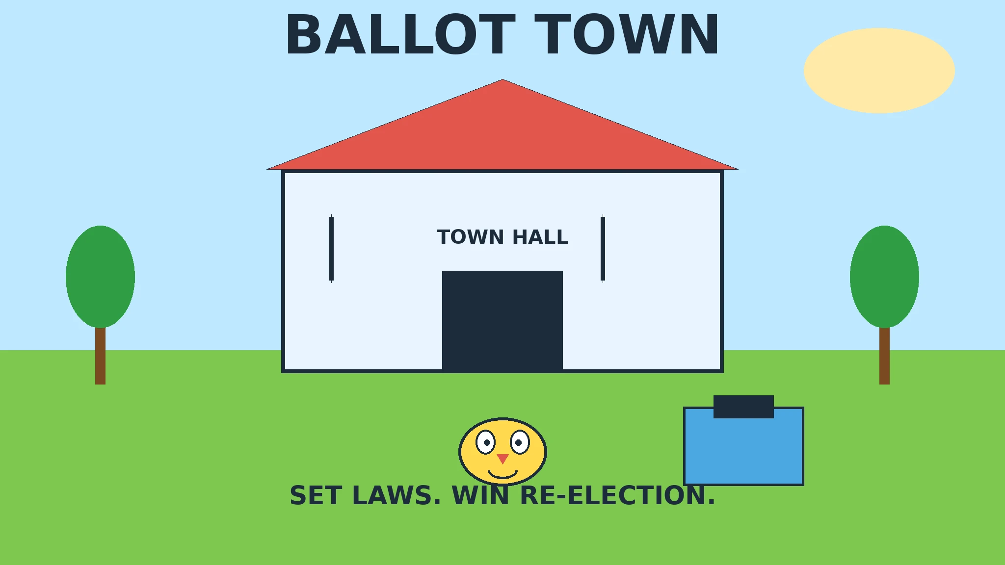 Bright flat-vector cover art for Ballot Town: a cheerful town hall with a red roof, a smiling yellow owl clerk named Cora, green trees, and a blue ballot box on a sunny lawn.