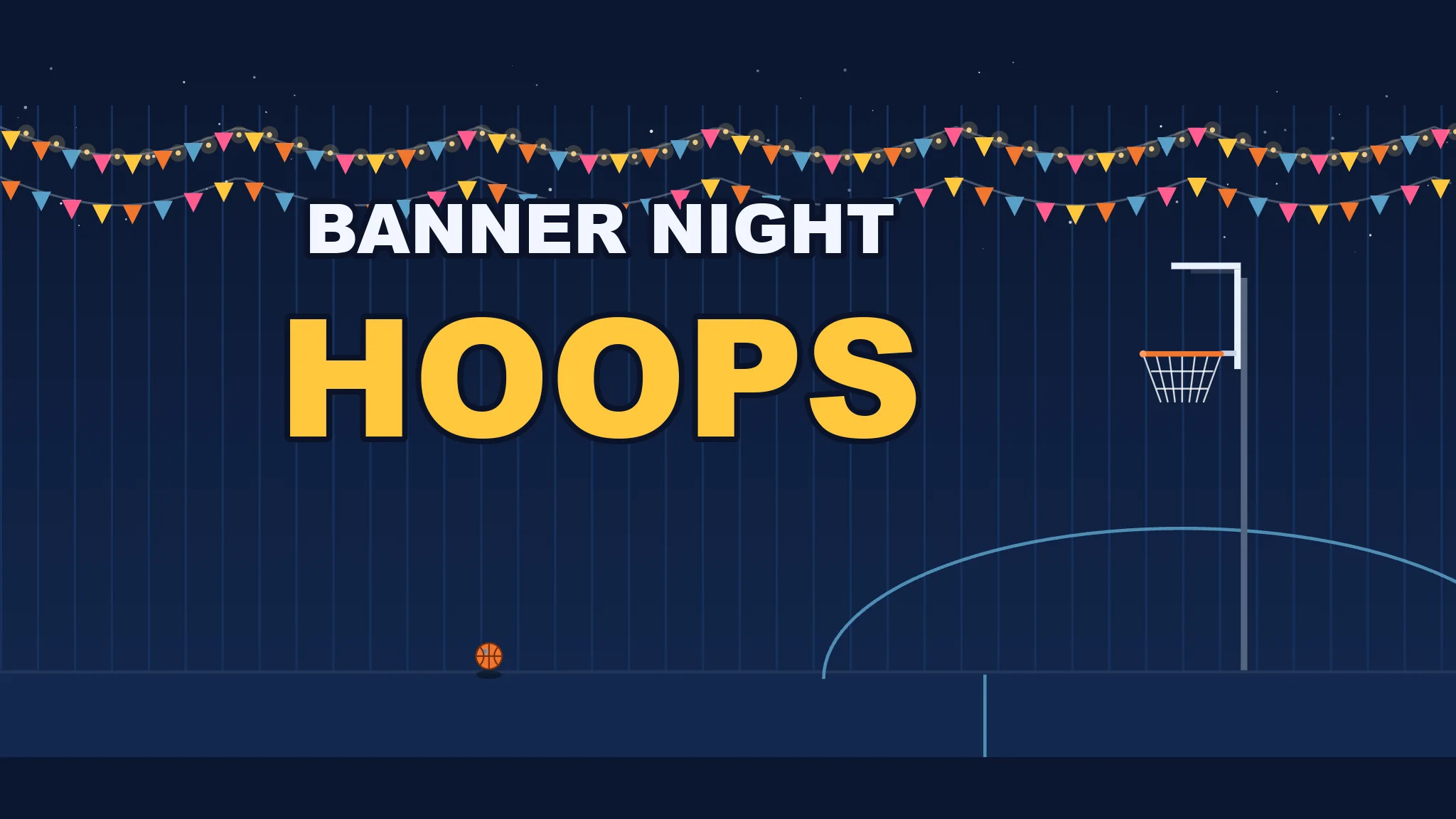 Banner Night Hoops: a basketball arcing toward a hoop on a night street court under colourful banners and string lights