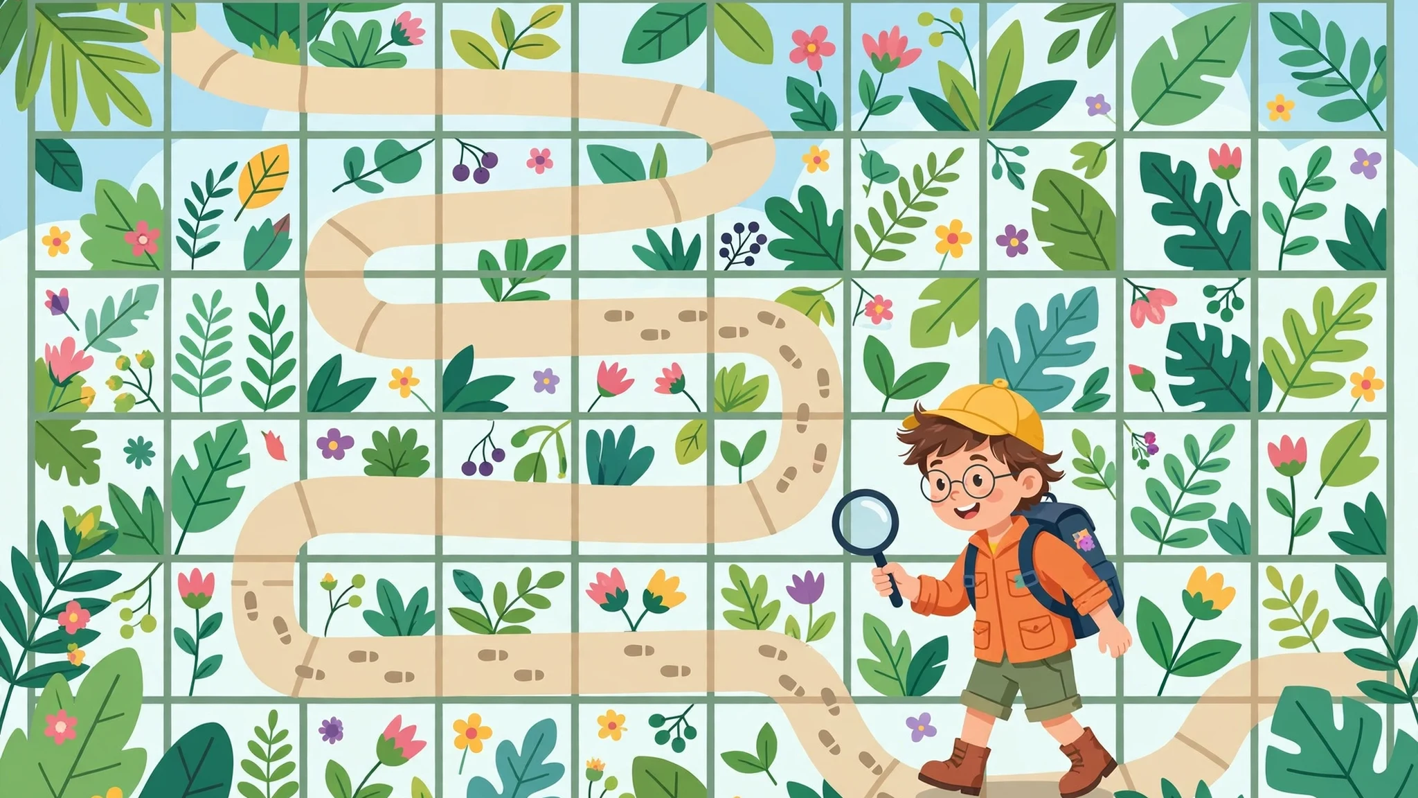A cheerful young explorer with a backpack and magnifying glass following a winding sandy path through a leafy letter-grid jungle