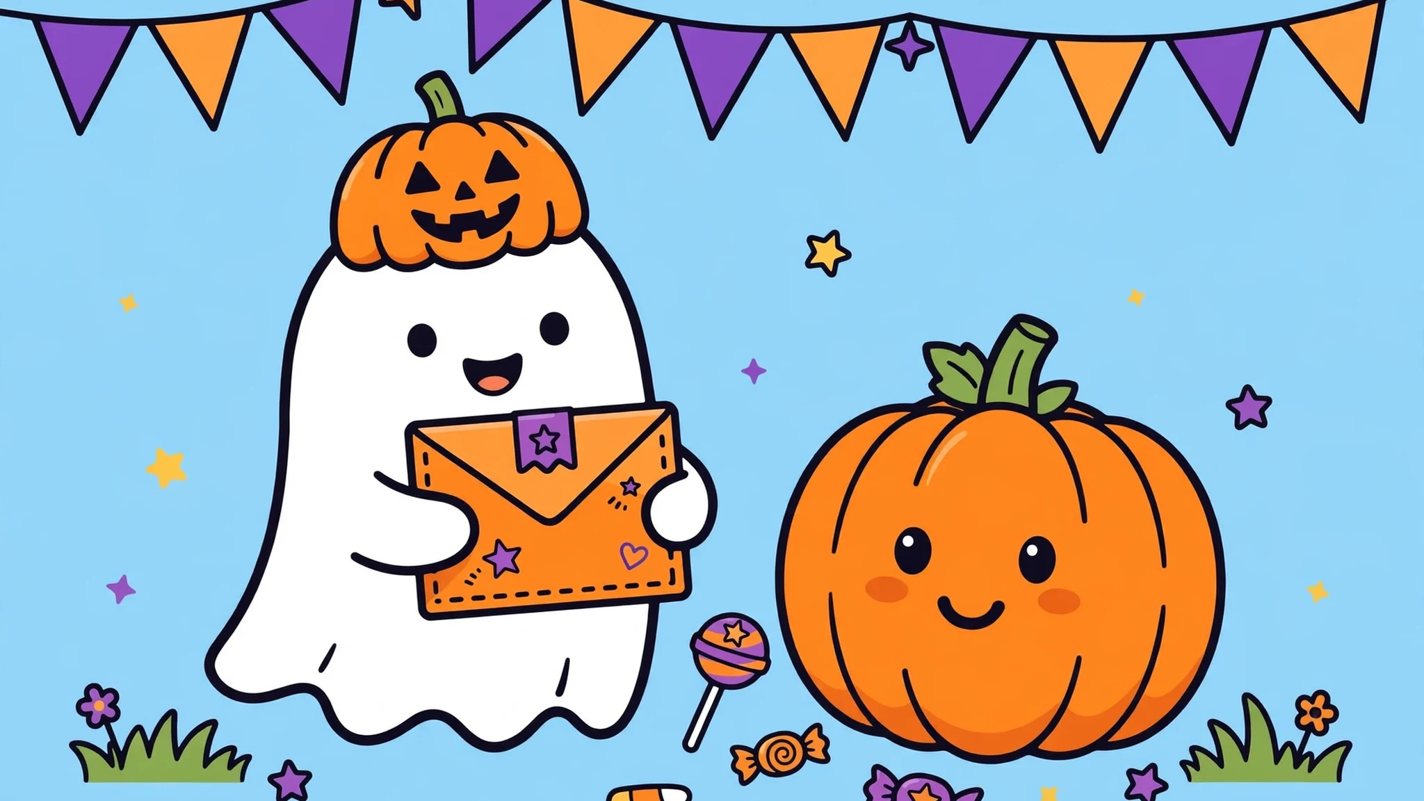A friendly white ghost wearing a pumpkin cap and holding an orange decorated envelope, standing beside a smiling orange pumpkin under purple and orange bunting on a light blue background