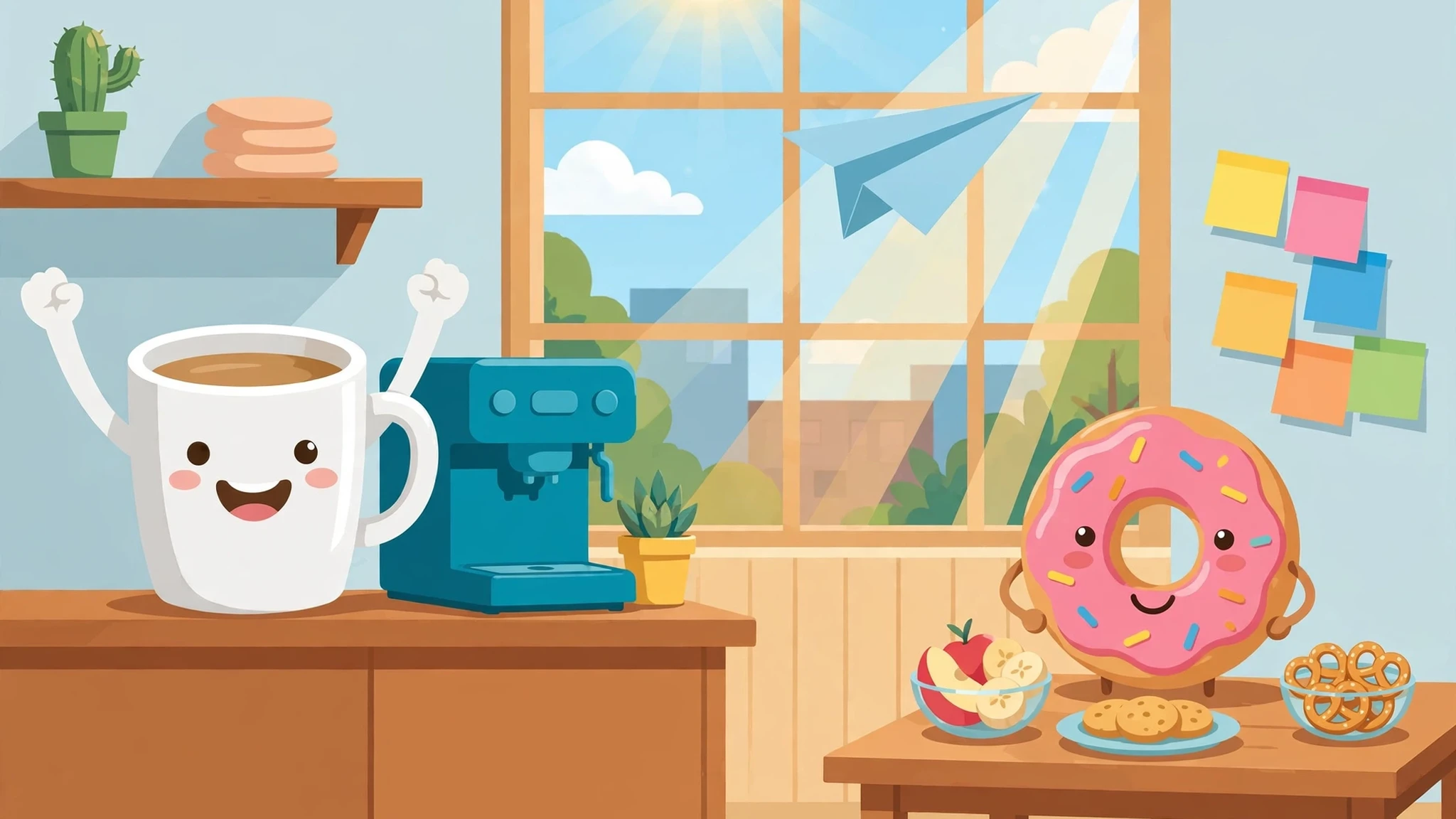 Flat-vector break-room scene with a coffee mug character and a donut character