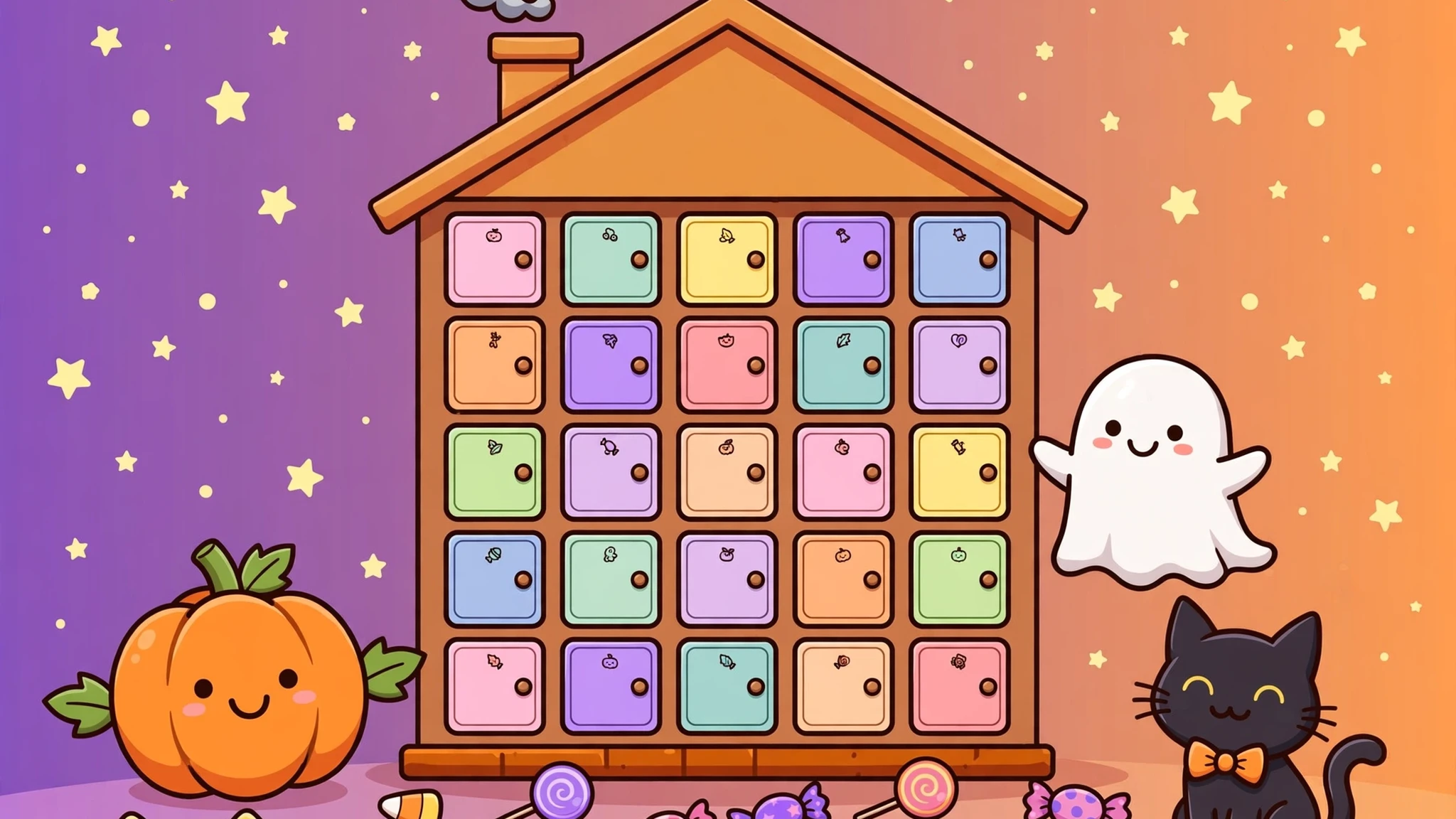 A brown advent-calendar house with 25 pastel candy-colored doors under a purple-to-orange starry sky, a smiling orange pumpkin at the bottom left, a friendly white ghost at the right, a black cat with an orange bow at the bottom right, and candy corn, lollipops, and wrapped candies scattered at the base.