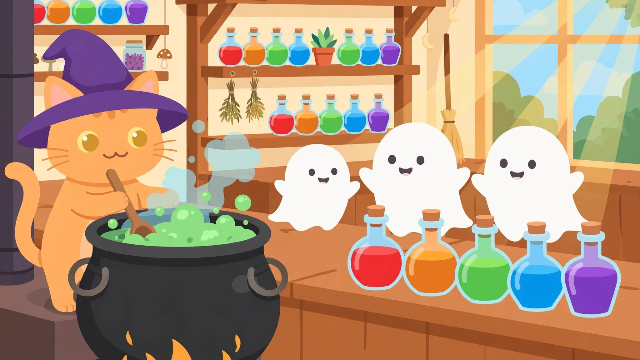 A friendly orange cat in a purple witch hat stirring a bubbling green cauldron while three cute white ghosts wait at a wooden counter with colourful potion bottles in red, amber, green, blue and purple