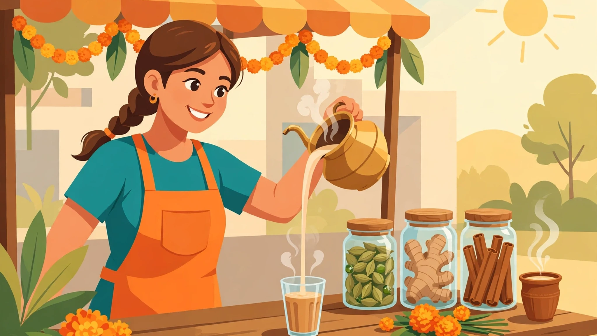 A smiling chai seller in a teal shirt and orange apron pouring a long arc of milky chai from a brass pot into a glass cup at a sunny stall, with jars of cardamom, ginger and cinnamon and a clay cup on the wooden counter