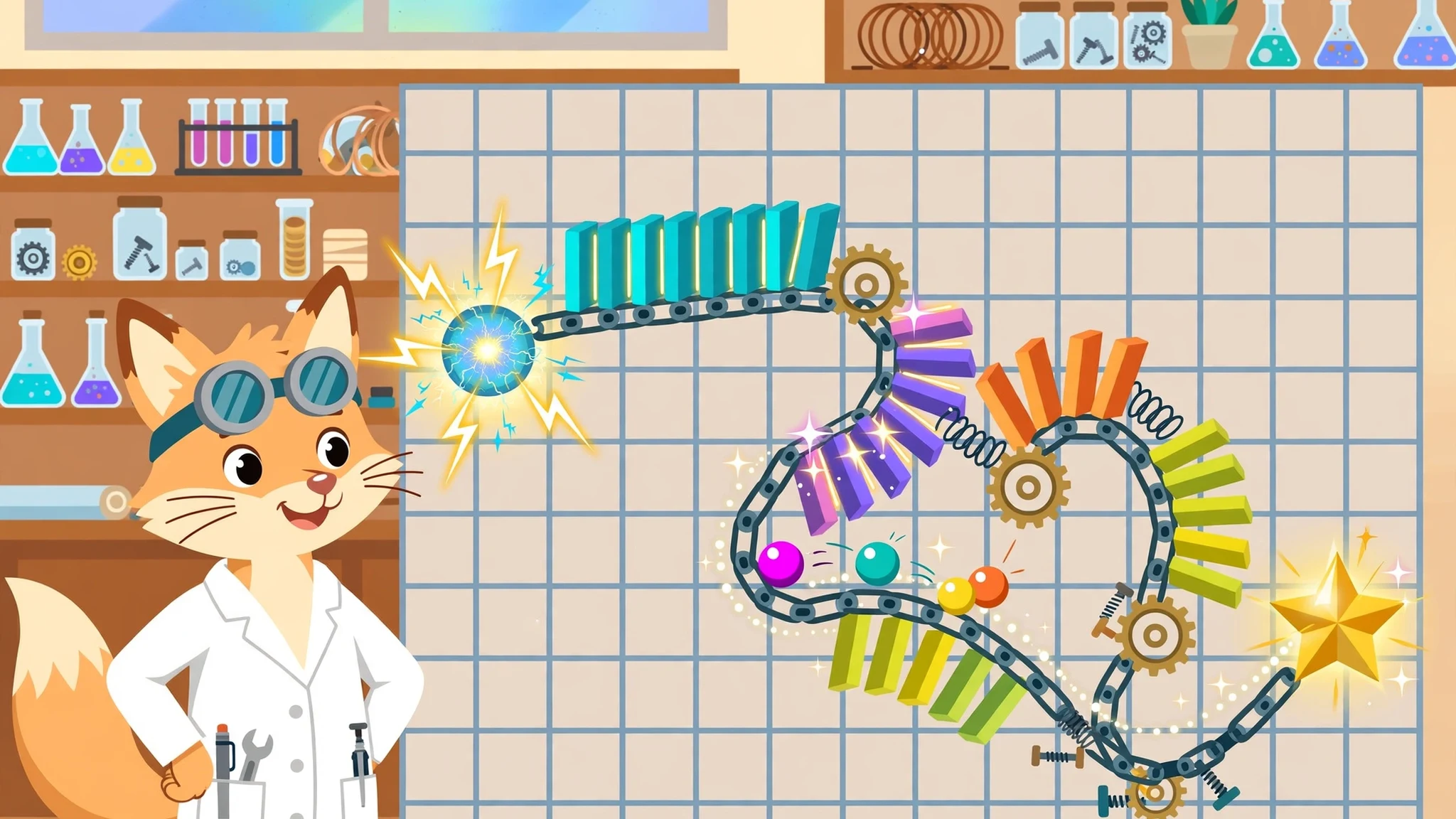 Flat vector illustration of a cheerful fox inventor in goggles and a white lab coat beside a large grid board, where a sparking blue orb starts a winding chain of teal, purple, orange, and green domino-like tiles with gears and springs, ending at a golden star, with shelves of beakers and jars behind.
