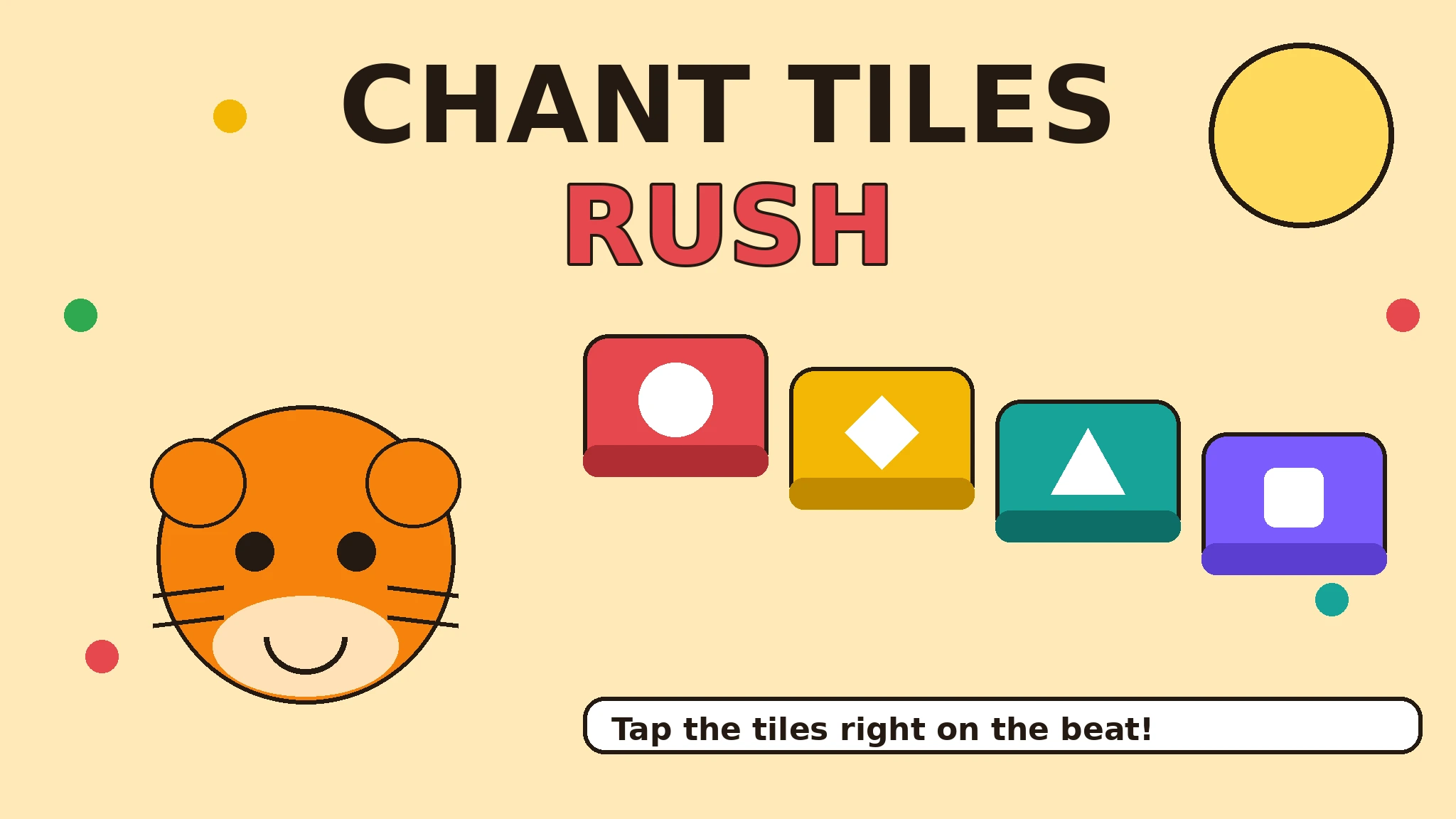 Tiko the orange tiger smiles beside four falling tiles in red, amber, teal and violet, each marked with a white circle, diamond, triangle and square, under the bold title Chant Tiles Rush on a pale yellow background.
