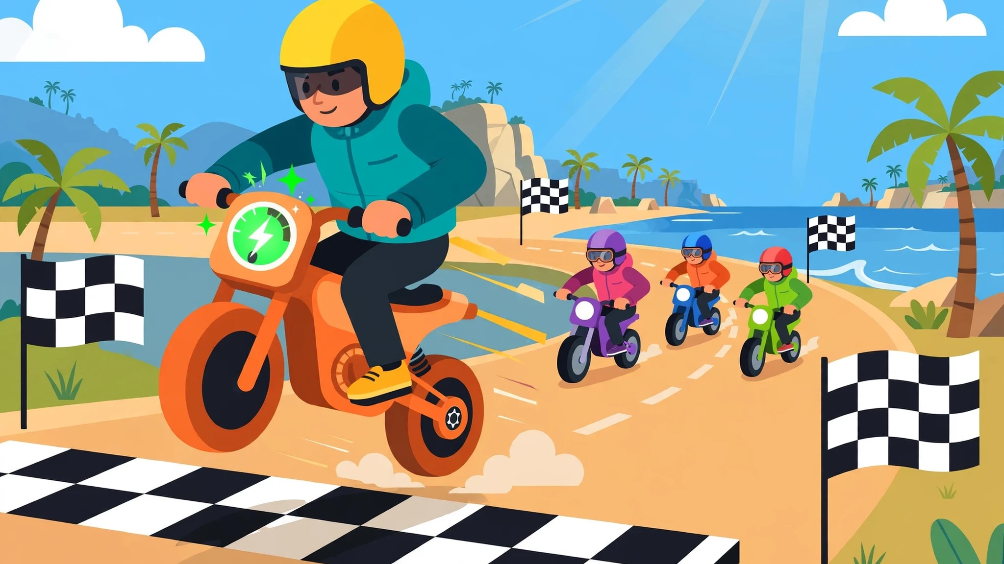 Volt, a rider in a teal jacket and yellow helmet on an orange electric bike with a green lightning charge gauge, leading three rival riders on a sunny coastal track with checkered flags