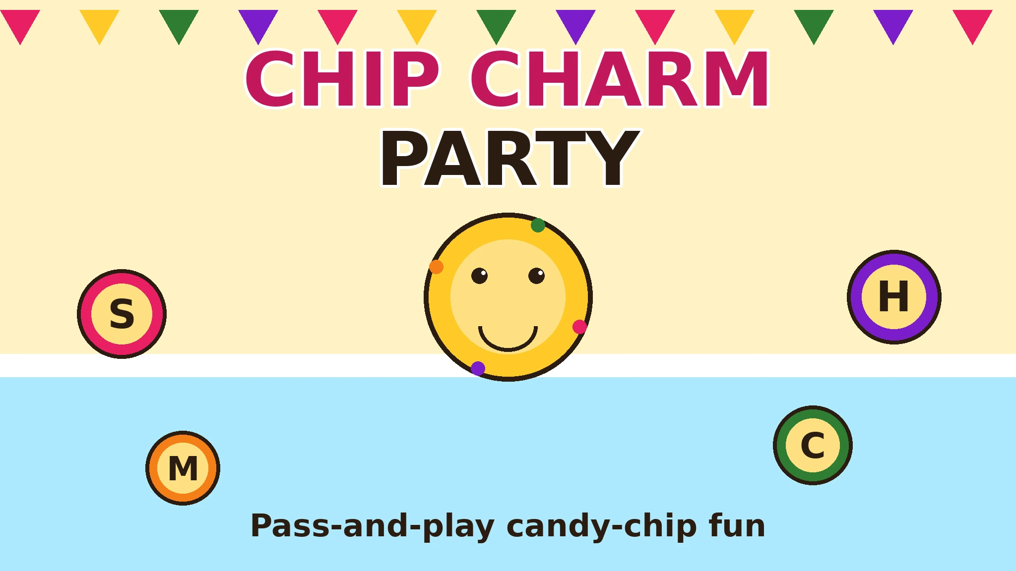Chipper, a smiling yellow candy chip with coloured charm dots, centred under pink and dark title text, with pink, purple, orange, and green lettered candy chips around him on a pale yellow and light blue party background with bunting at the top.
