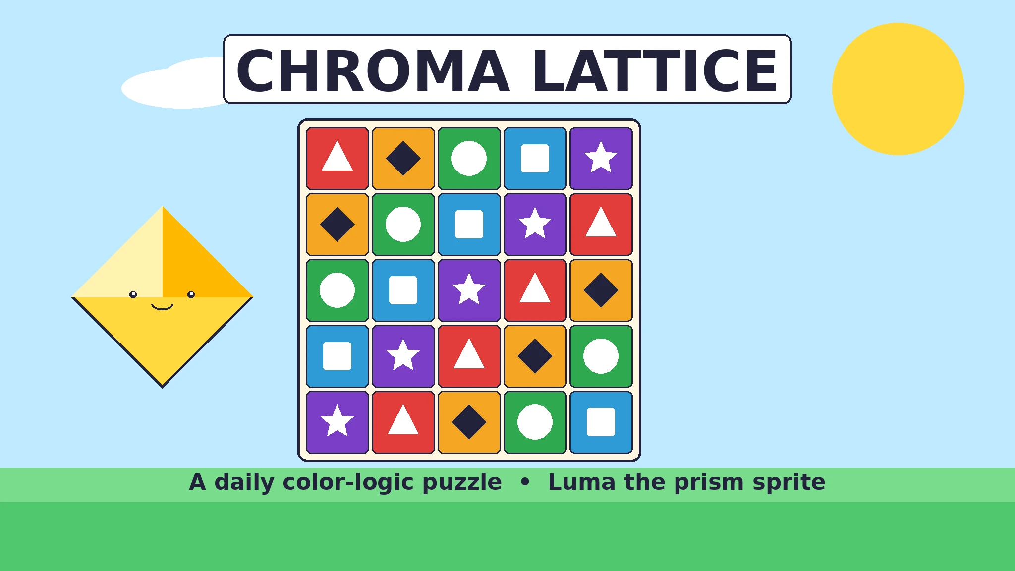 Flat vector illustration of Luma, a cheerful yellow prism sprite, beside a bright lattice grid of colored tiles marked with triangle, diamond, circle, square and star shapes under a blue sky.