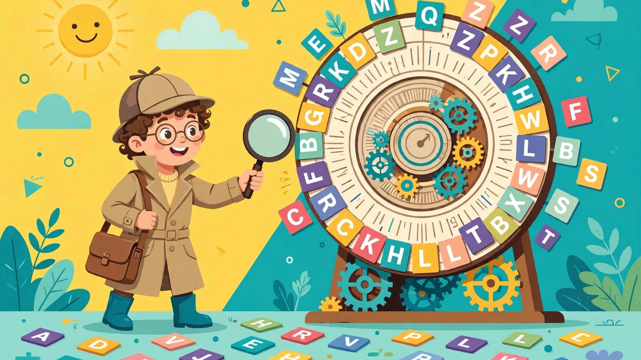 Flat vector art of a young detective with a magnifier beside a large cipher wheel covered in letter tiles, on a bright yellow and teal background