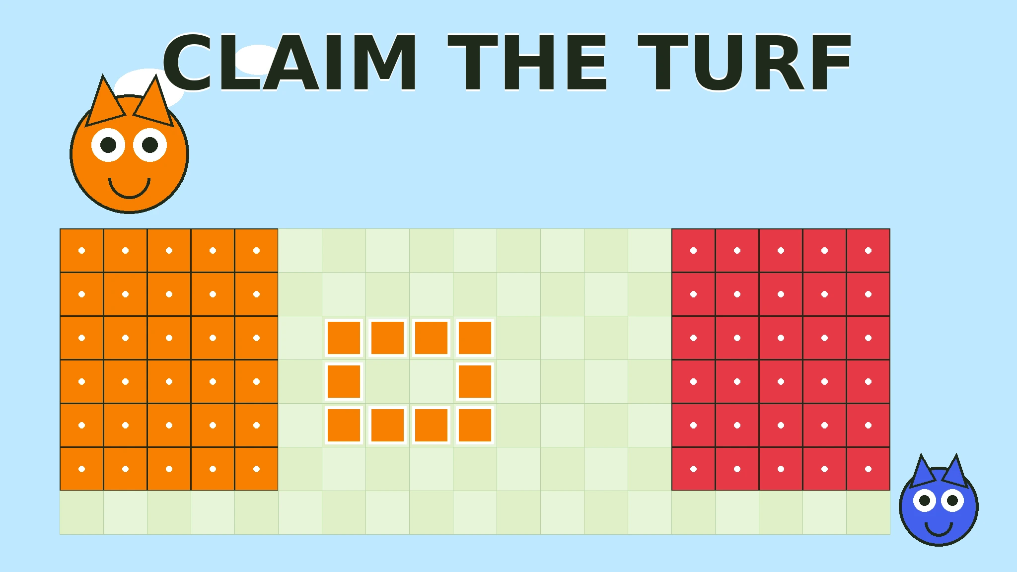 Bold black title CLAIM THE TURF over a light blue sky, with a smiling orange fox with pointy ears at the top left, an orange turf block on the left, a red turf block on the right, a small orange trail loop in the pale green middle, and a small smiling blue character at the bottom right