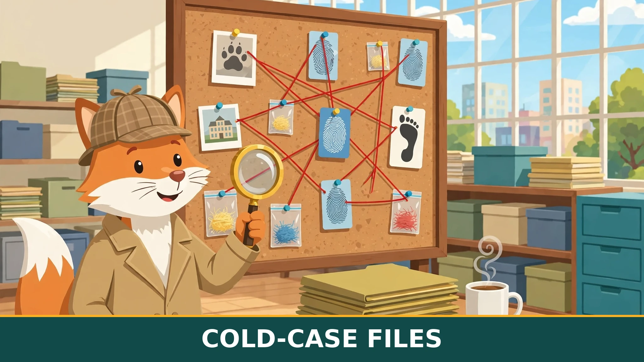 A fox detective in a tan trench coat and deerstalker hat holding a magnifying glass beside a cork evidence board covered with fingerprint cards, photos, fiber samples and red string, in a sunny archive room