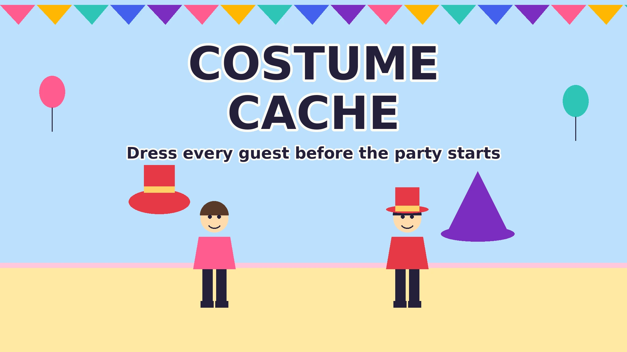 Pippa the party planner and a guest in a red pirate costume with a captain's hat, standing in a bright party room with bunting and balloons for Costume Cache.
