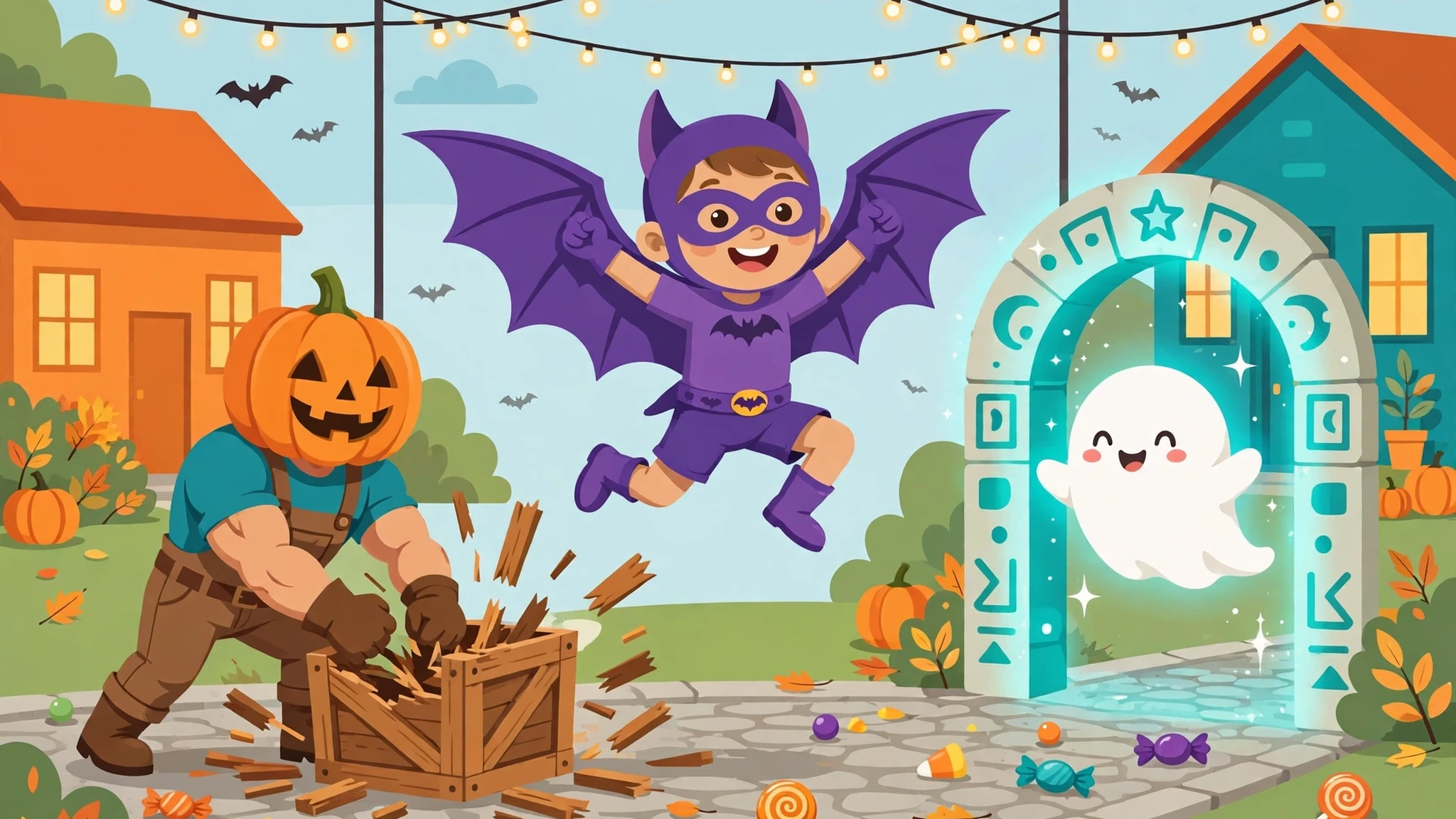 A smiling kid in a purple bat costume leaps in the center of a bright Halloween street, a pumpkin-headed strong character smashes a wooden crate on the left, and a cute white ghost floats through a glowing teal arch on the right, with candy scattered on the cobblestones and string lights overhead.