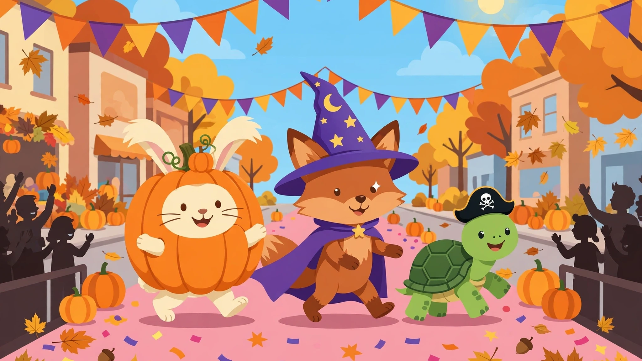 A cream bunny in a round orange pumpkin costume, a russet fox kit in a purple wizard hat and cape, and a small green tortoise in a black pirate hat parade down a pink runway lined with pumpkins, under purple, orange, and yellow bunting on a sunny autumn street, with cheering crowds at the edges.