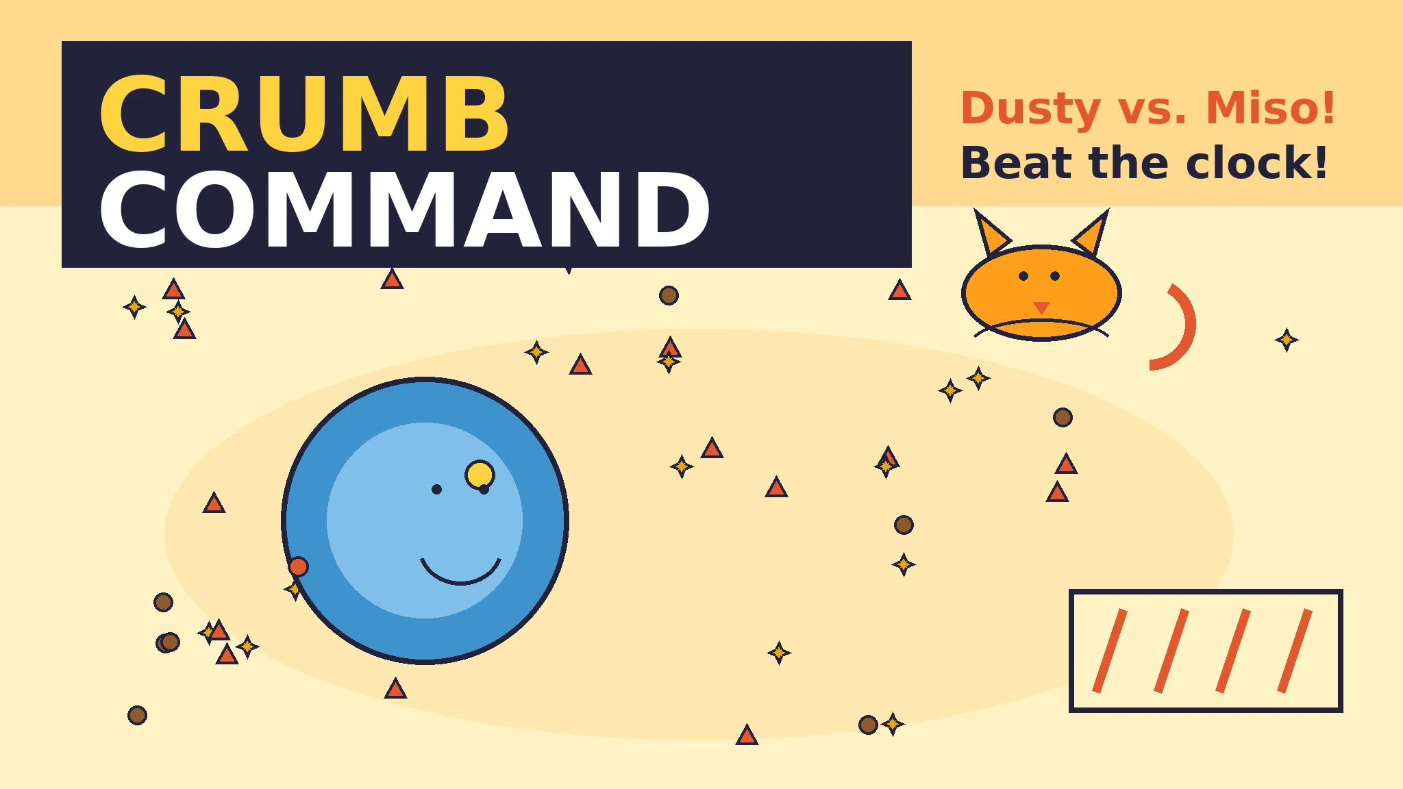 A smiling blue robovacuum rolling across a bright cream room toward scattered brown dots, yellow star bits and orange triangle crumbs, while an orange cat watches from the corner, under a bold dark title bar reading CRUMB COMMAND in yellow and white