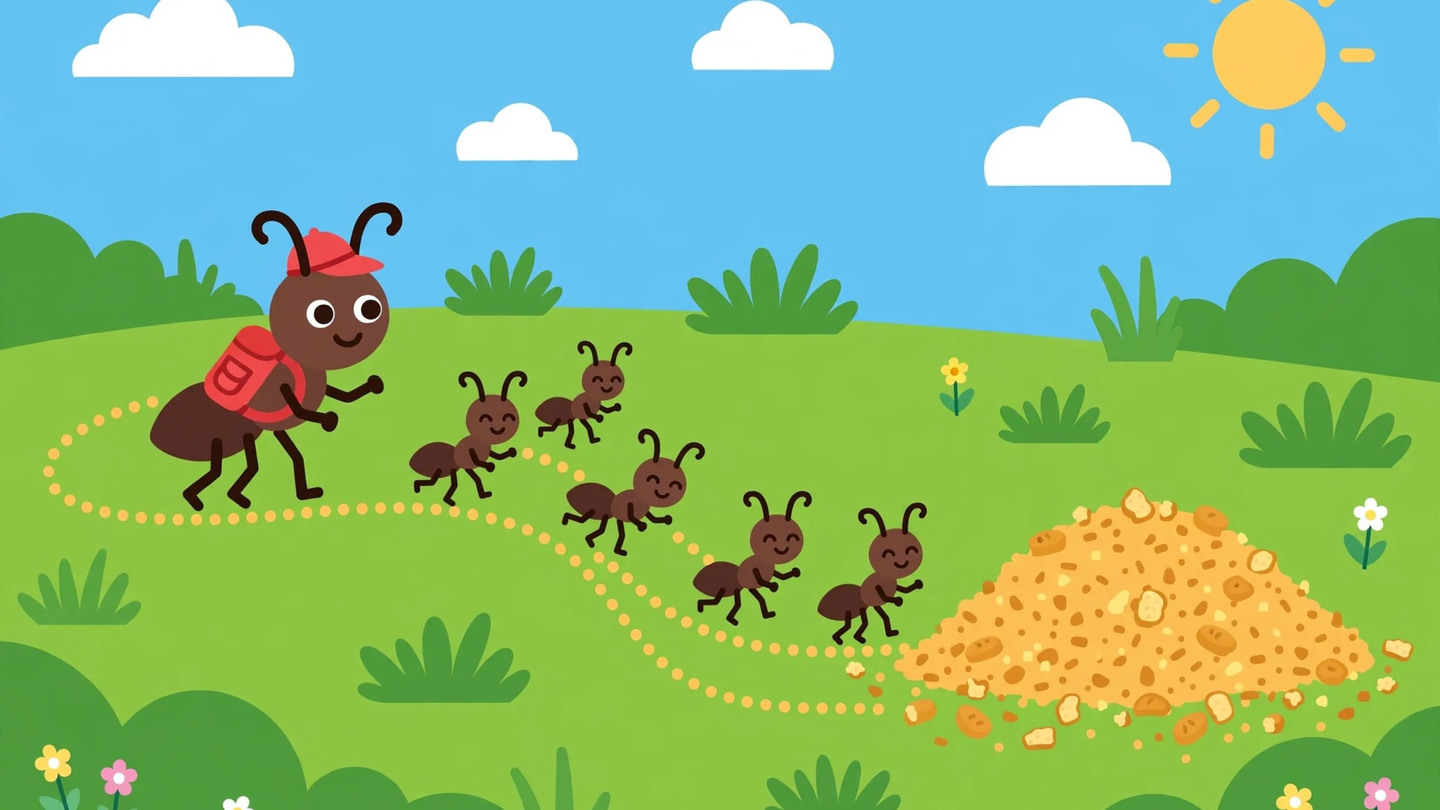 A cartoon ant commander in a red cap and backpack leading a line of happy ants along a dotted golden crumb trail toward a large pile of crumbs in a sunny green meadow.