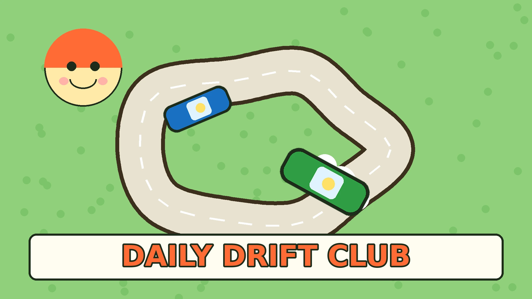 Top-down view of a winding beige drift course on bright green grass, with a smiling orange-helmeted driver face at top left, a blue car and a green car sliding sideways with white drift smoke, and bold orange text reading DAILY DRIFT CLUB on a cream banner at the bottom