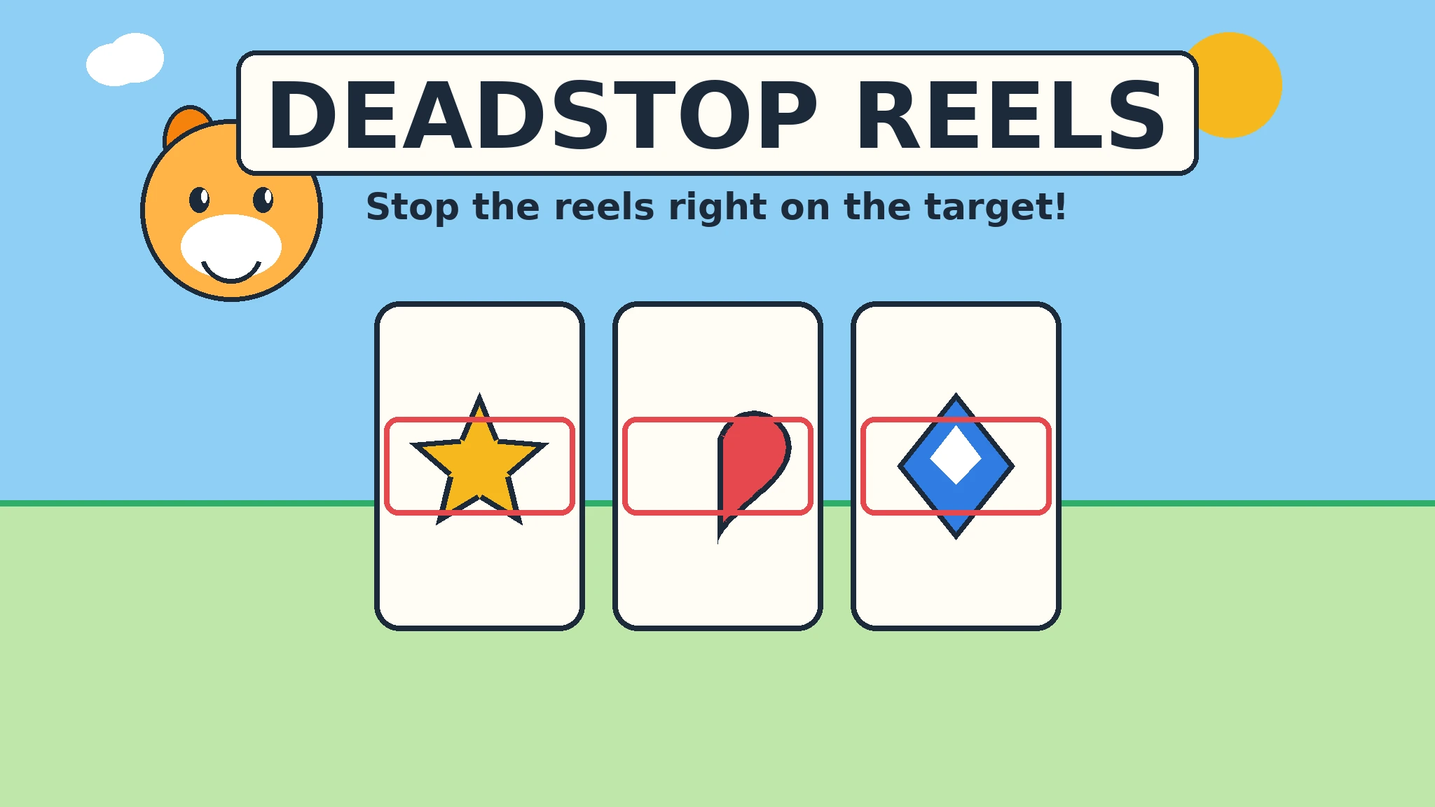 Reela, a round orange mascot with ears, beside three white reels showing a gold star, a red heart and a blue diamond in red target frames under a Deadstop Reels title banner.