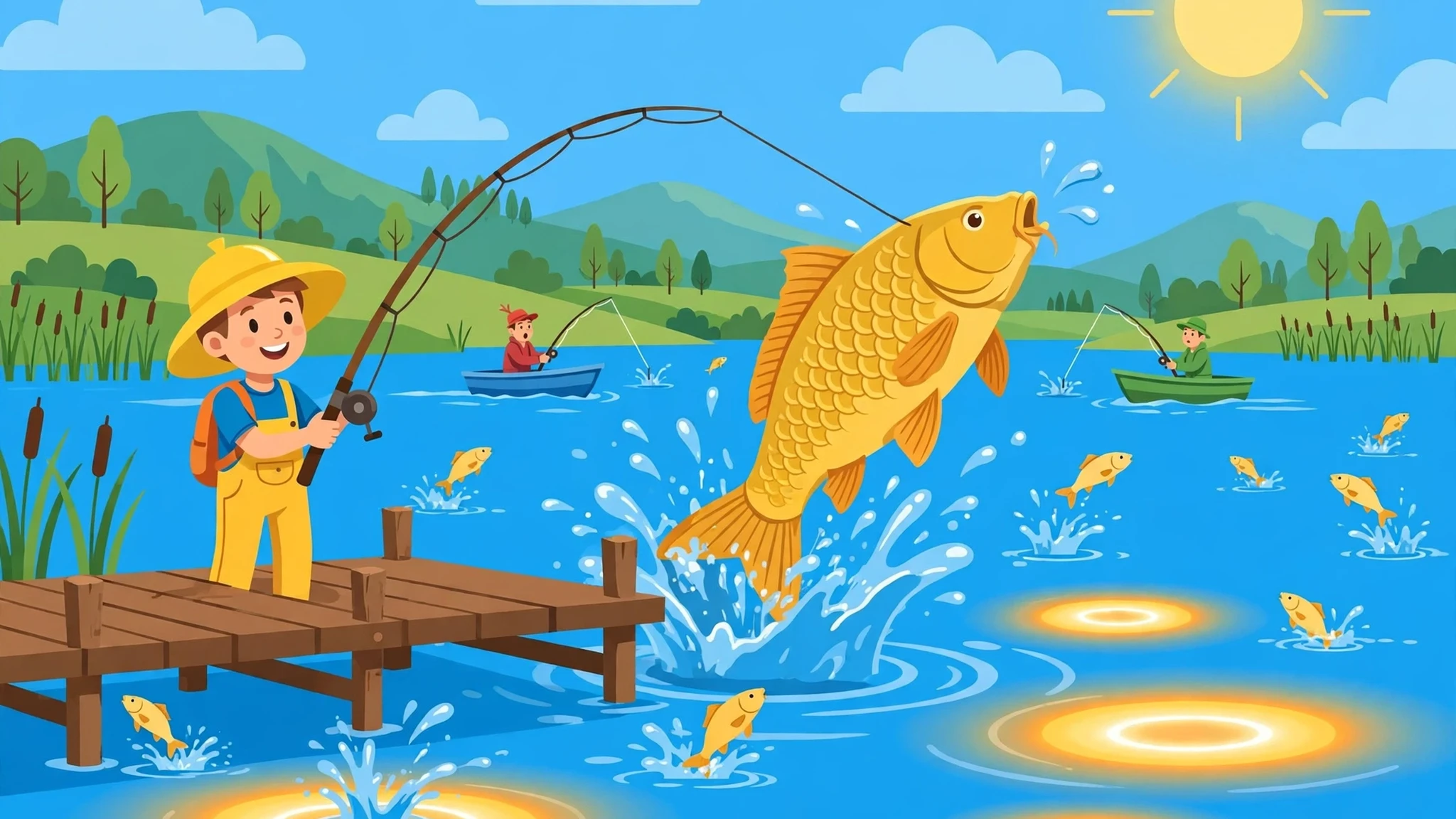 A smiling angler in a yellow sun hat on a wooden dock reeling in a leaping golden carp while rival anglers fish from boats on a bright blue lake