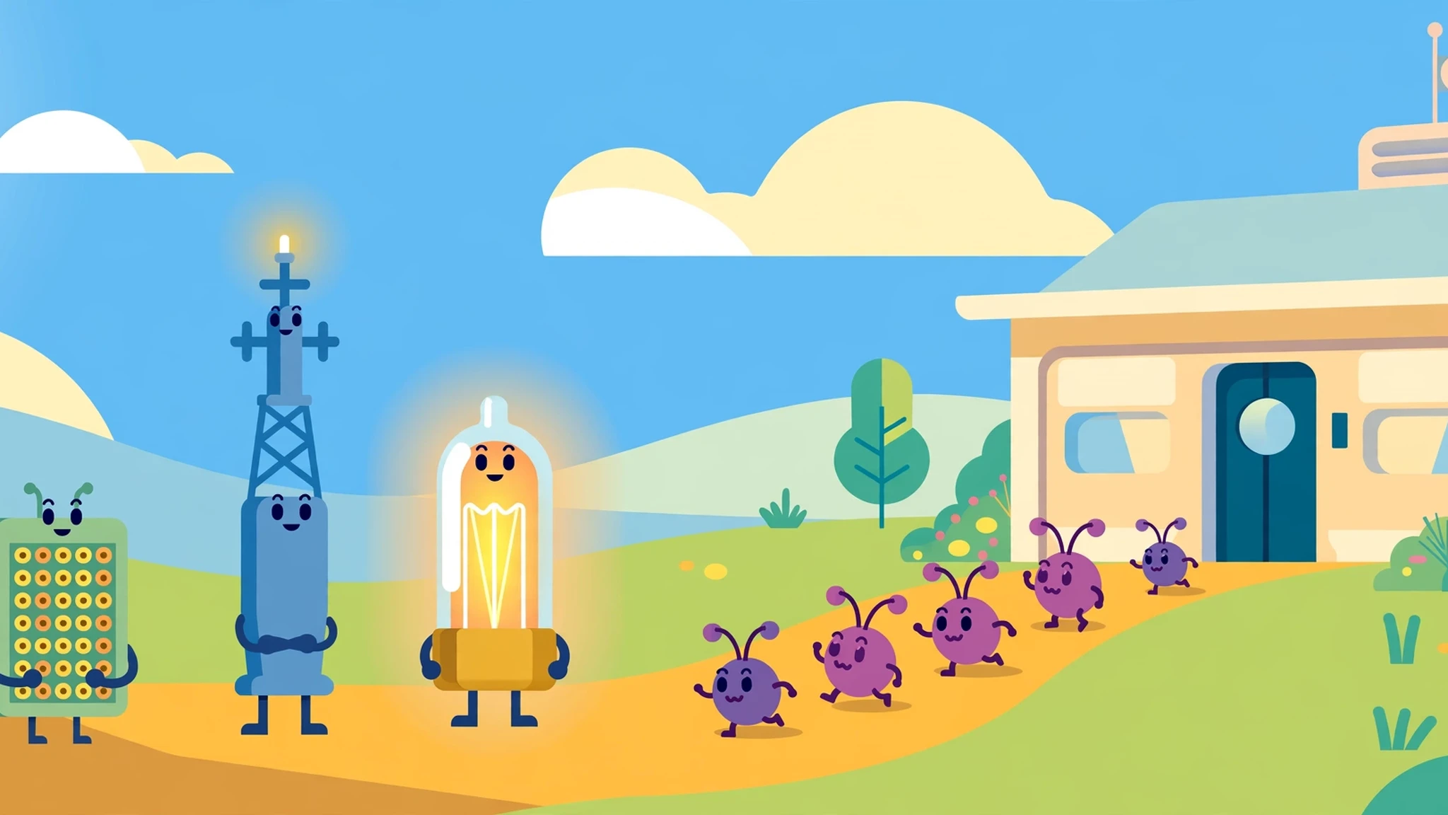 A bright flat-vector scene with four retro-tech tower characters — a rotary telephone, a switchboard plug board, a radio antenna and a glowing vacuum tube — standing beside a winding path as small purple signal gremlins with antenna ears march toward a switchboard exchange building with colourful plug cords, under a sunny blue sky.