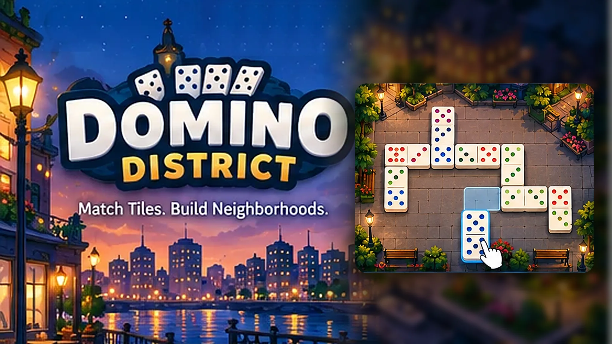 Domino District: the Domino District logo over a night city skyline beside a cobblestone plaza where a chain of colorful domino tiles snakes between planters, benches and street lamps