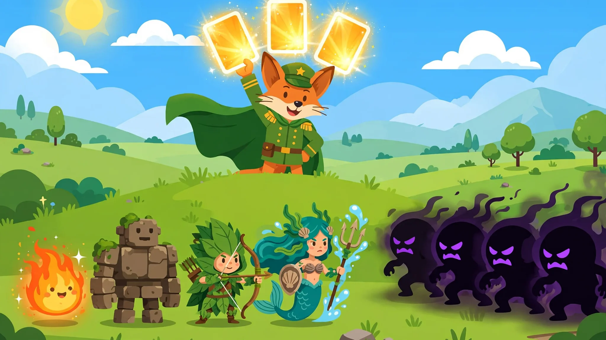 A smiling fox commander in a green cape holding three glowing golden draft cards above a grassy hill, with a flame sprite, stone golem, leaf archer, and tide warrior facing dark shadow blobs under a sunny sky.