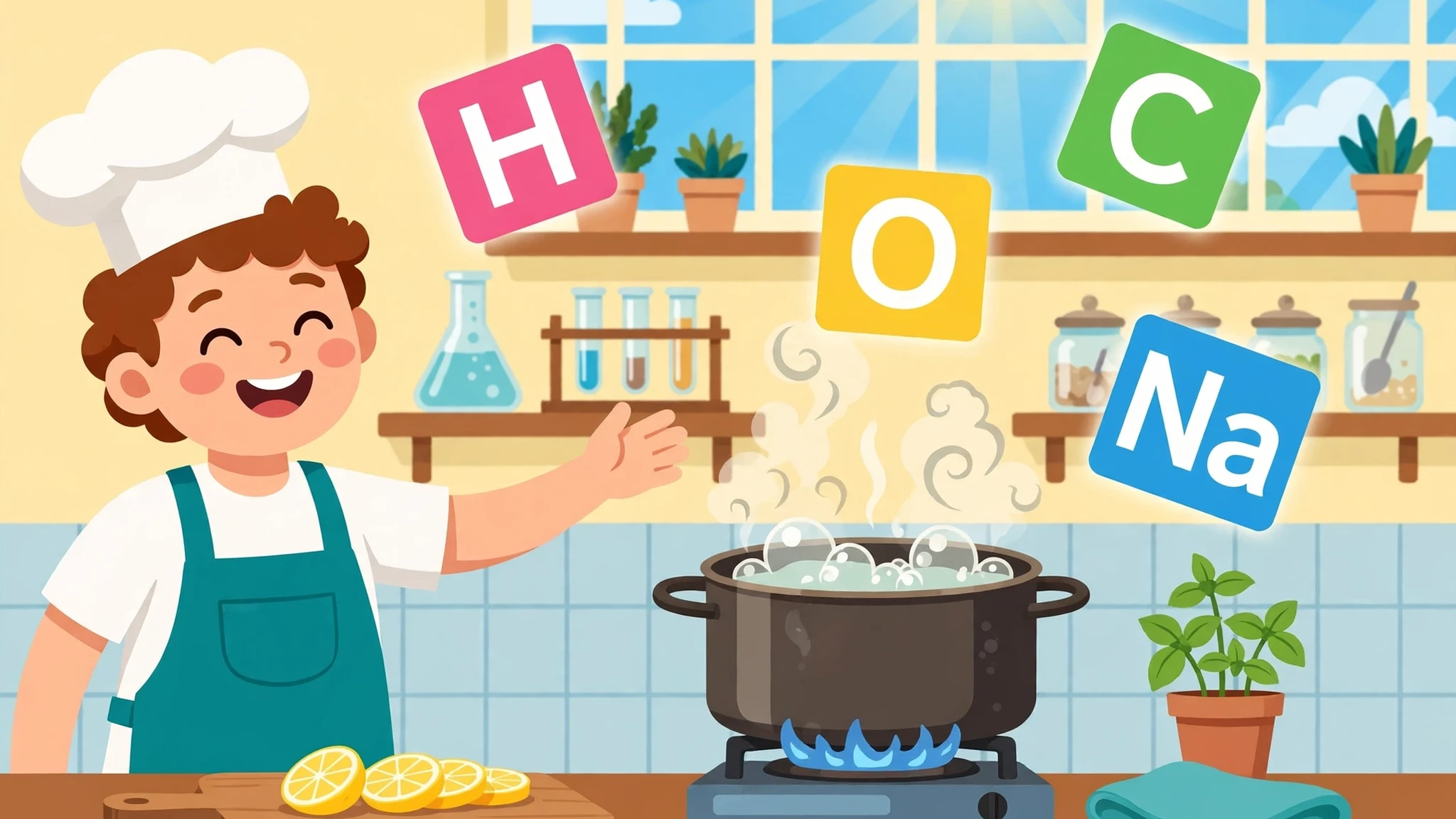 Smiling cartoon chef in a white chef hat and teal apron gesturing toward a bubbling pot while large colorful element tiles lettered H, C, O and Na float above a sunny kitchen laboratory.