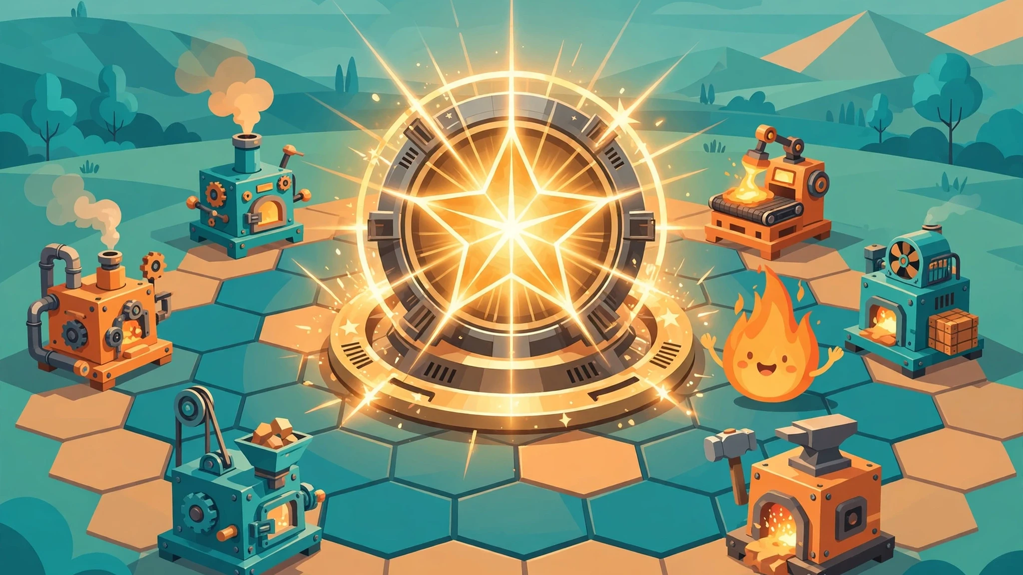 Ember Ring Foundry cover art showing a glowing golden star reactor in a metal ring at the center of teal and sandy hex tiles, surrounded by small orange and teal foundry machines, with a cheerful waving flame character at the lower right against teal hills