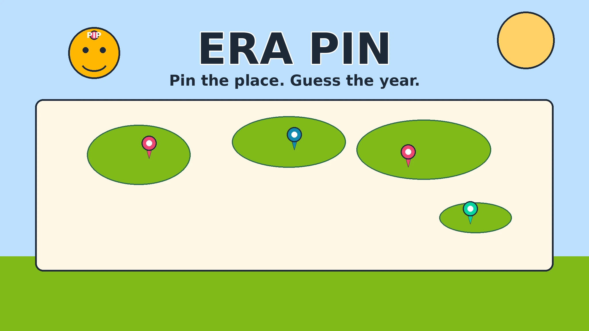 Smiling round yellow guide character labelled PIP beside bold ERA PIN title and the line Pin the place. Guess the year, over a cream world map panel with green land blobs and red, blue and teal map pins under a yellow sun on a light blue sky