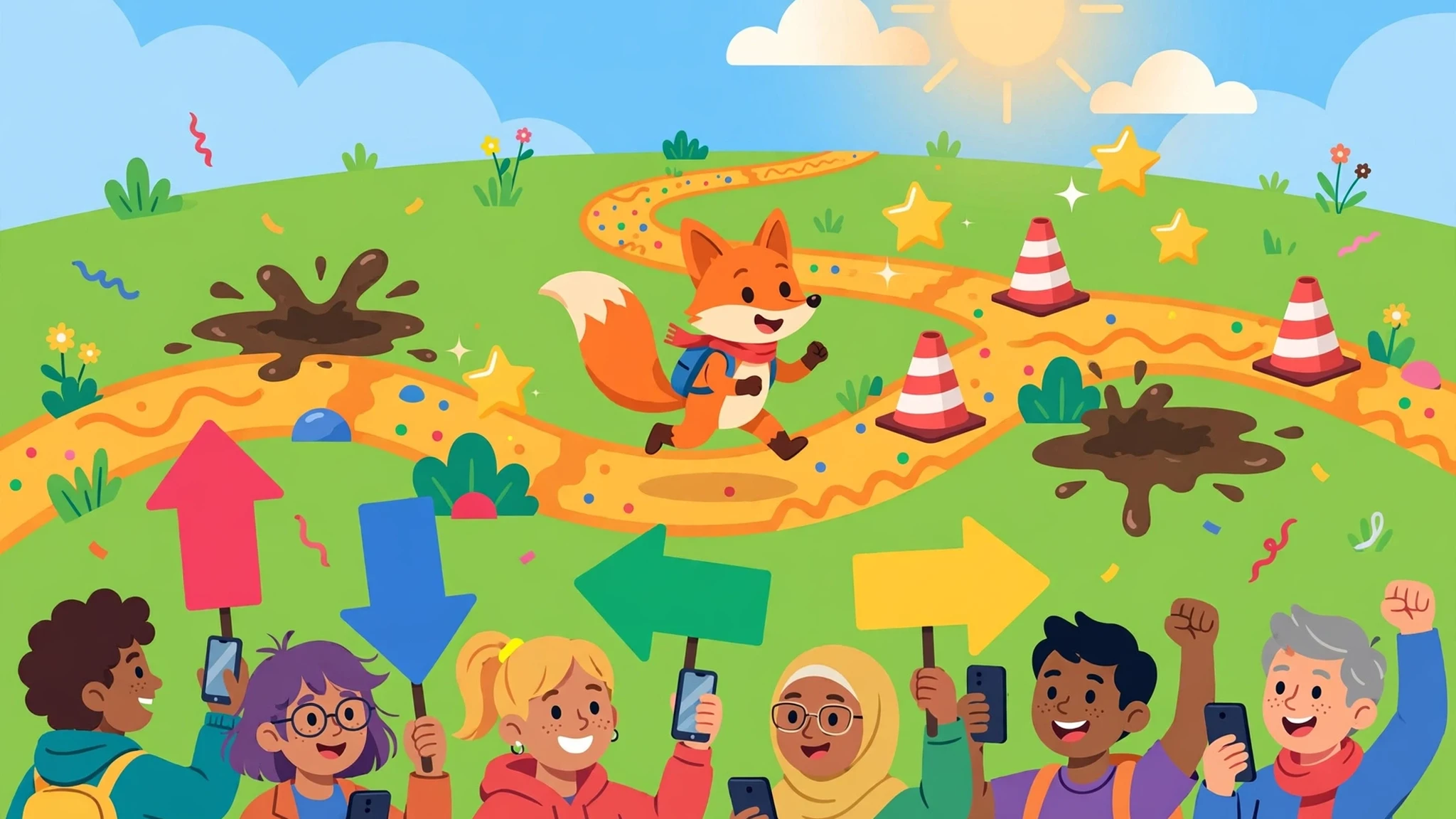 Flat vector illustration of a cheerful orange fox running along a winding obstacle course collecting gold stars and dodging cones and mud puddles, while a diverse crowd of phone-holding voters below cheers with big colorful arrow signs.