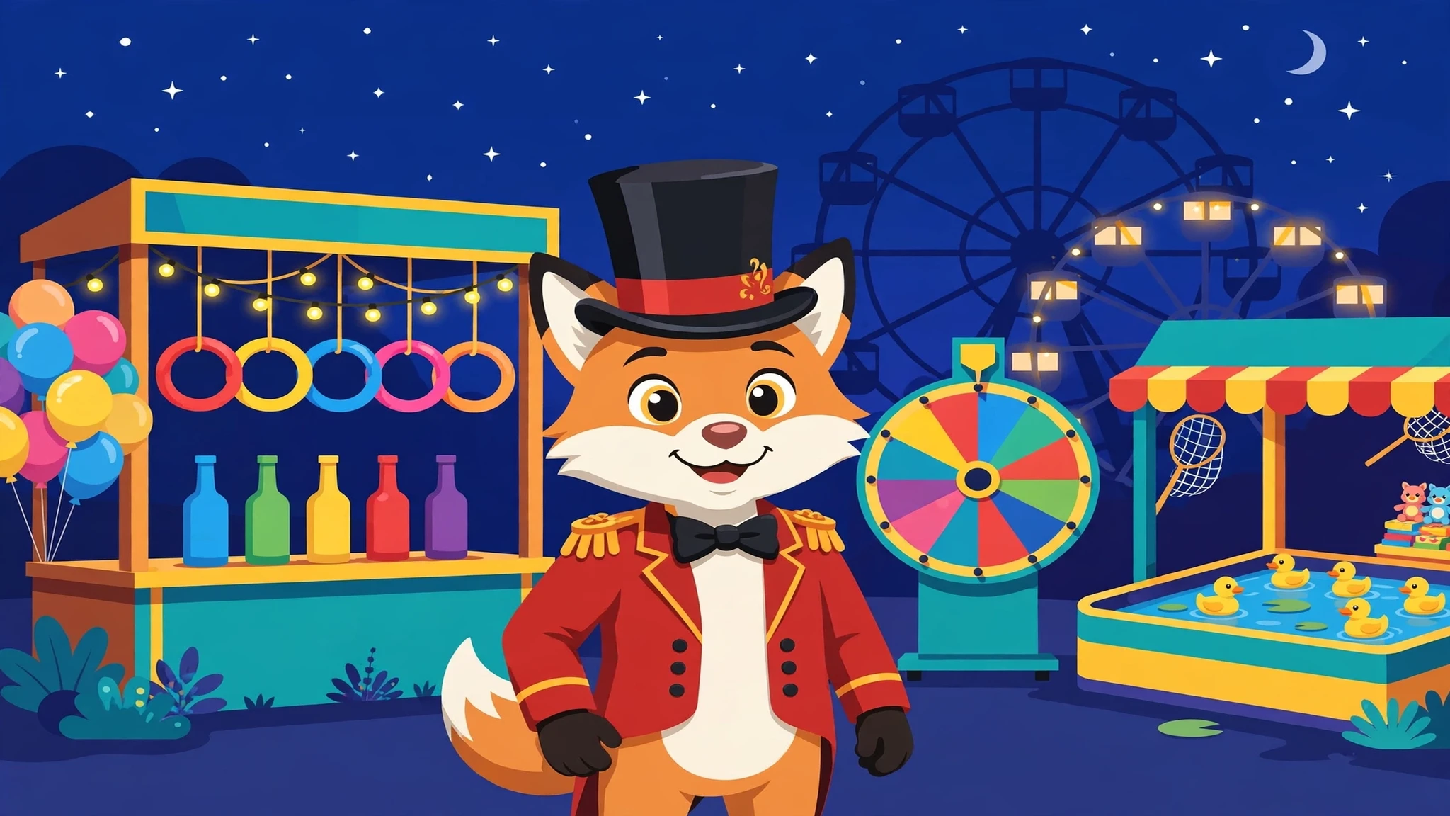 A smiling fox ringmaster in a red jacket and black top hat stands at a night fairground, with a ring toss stall and colorful bottles on the left, a spinning prize wheel in the middle, a duck pond stall on the right, balloons, string lights, and a ferris wheel under a starry dark blue sky