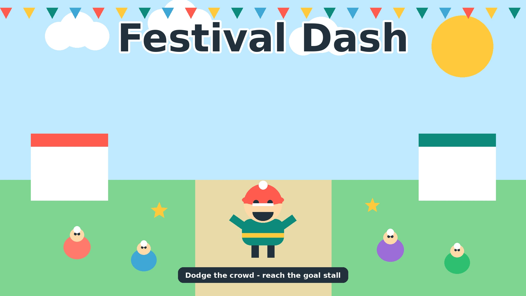 Pip, a cheerful festival runner in a teal jacket and coral cap, cheering on a sandy festival path between green lawns, with round festival-goers in coral, blue, purple and green, gold stars, white stalls with coral and teal roofs, bunting flags, sun and clouds, under the bold title Festival Dash