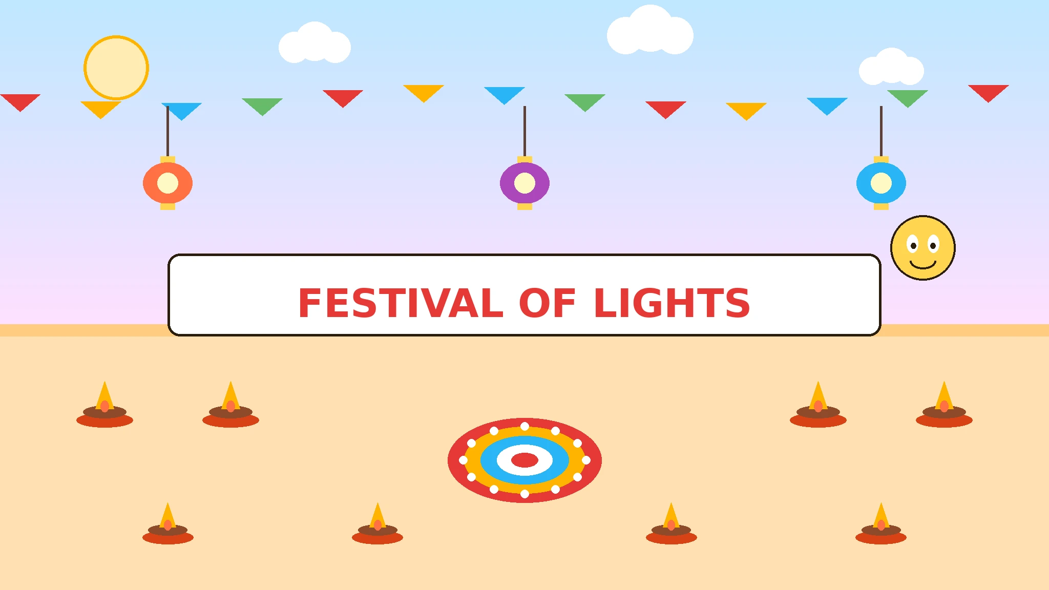 Bright flat-vector festival ground: hanging lanterns, colourful bunting flags, lit diyas, a large dotted rangoli, and smiling yellow firefly mascot Lumi beside a Festival of Lights title banner.