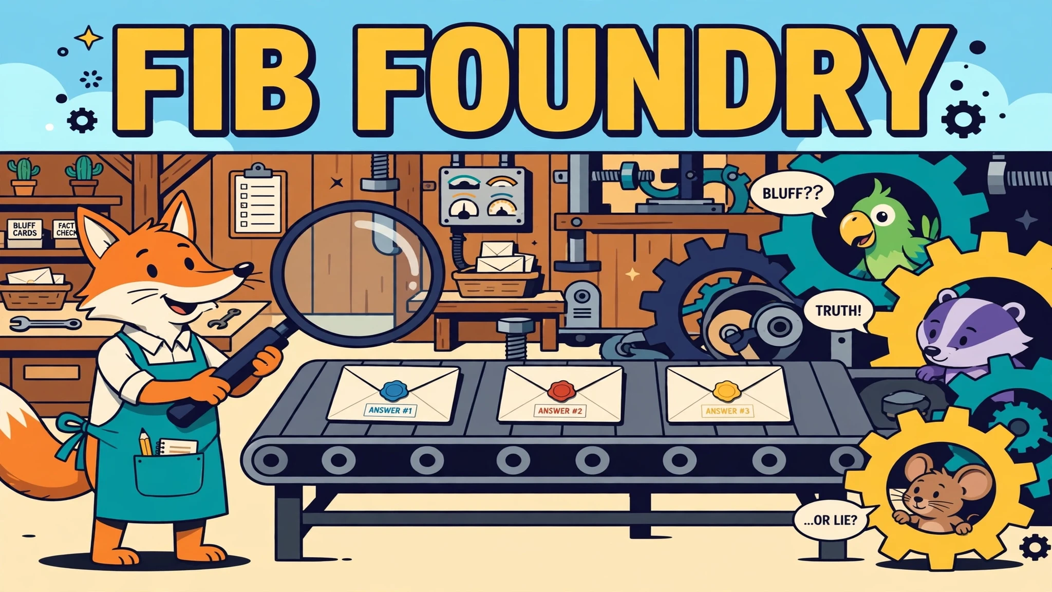 Orange fox in a teal apron holding a magnifying glass over a conveyor belt with three sealed answer envelopes, beside a green parrot, a purple badger and a brown mouse among large factory gears, under bold yellow FIB FOUNDRY lettering.