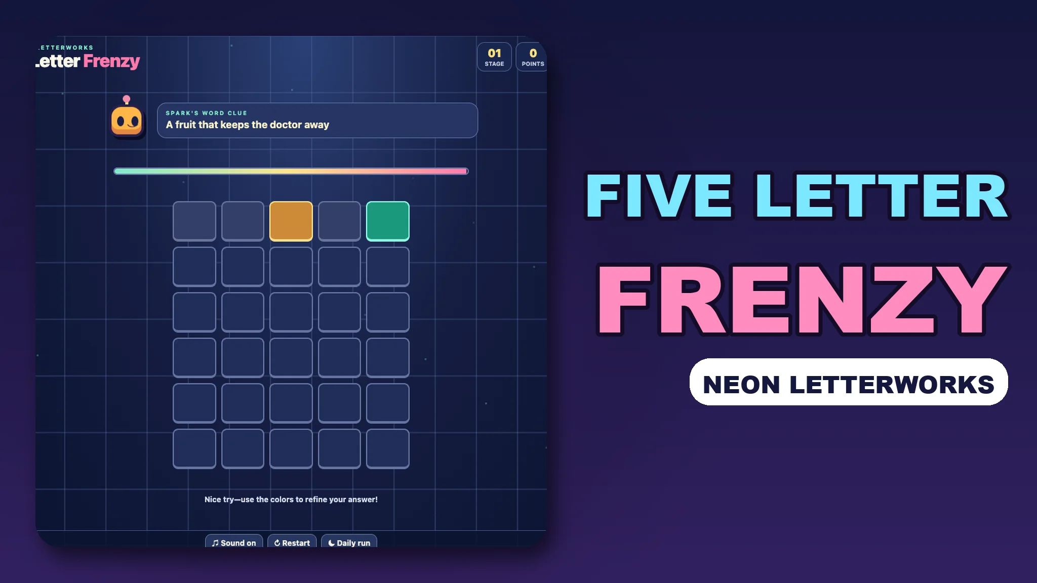 Five Letter Frenzy, Neon Letterworks: a glowing five-letter word grid with Spark the robot's clue