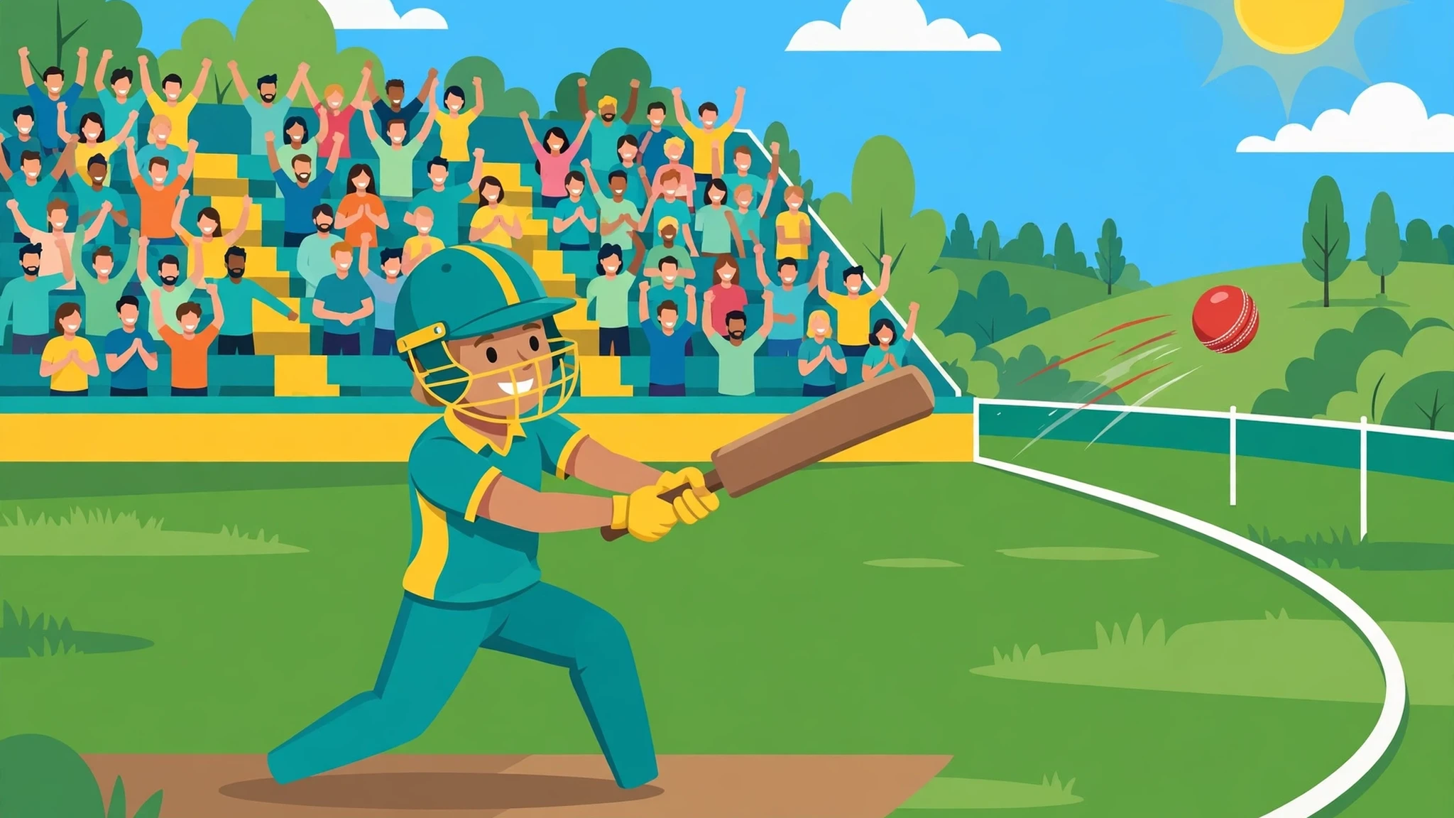 Flat vector cover art of a smiling cricket batter in a teal jersey with yellow trim and a teal helmet with a yellow stripe, swinging a bat at a red ball on a sunny green ground, with a cheering crowd in the stands, a yellow sun, and a white boundary line.