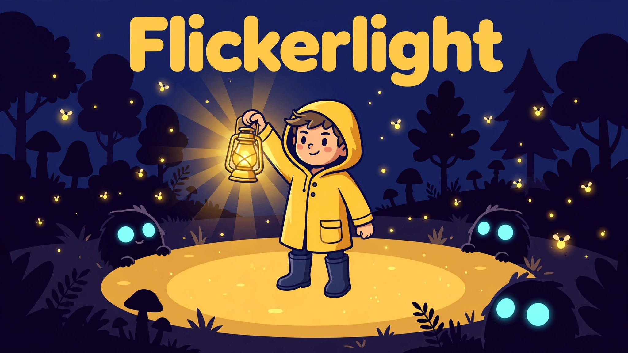 A smiling kid in a yellow raincoat holds up a glowing golden lantern while standing in a bright golden pool of light in a dark blue night garden, as three cute round shadow creatures with glowing cyan eyes peek out of the darkness around the pool, under the bold yellow title Flickerlight.