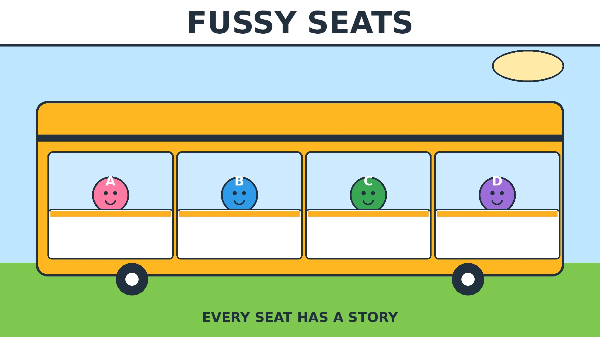 Bold title FUSSY SEATS above a yellow bus with four smiling round passengers in pink, blue, green and purple looking out of its windows, under a yellow sun on green grass, with the tagline EVERY SEAT HAS A STORY.