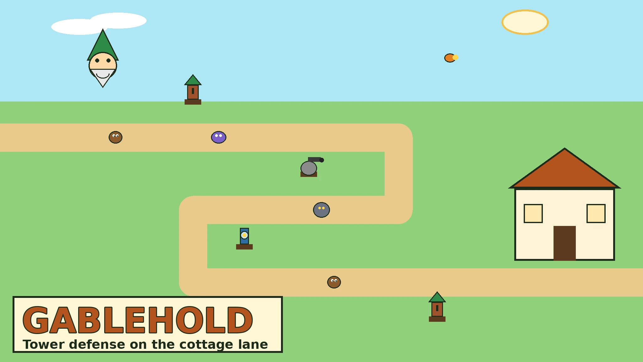 A bright flat-vector scene: a winding sandy lane crosses a green field to a cream cottage with a brown gabled roof and brown door; a smiling gnome with a green pointed hat watches from the top left, arrow, cannon and frost towers stand beside the lane, a brown Twig Runner, a purple Garden Wisp and a grey Pebble Brute march along it, an orange sparrow flies near the sun, and a cream banner at the bottom left reads GABLEHOLD, Tower defense on the cottage lane.