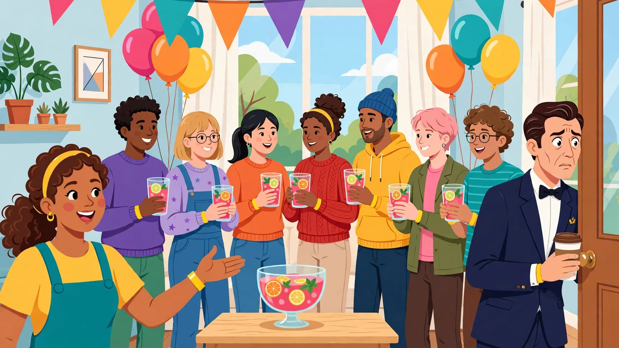 A bright flat-vector house party scene: host Pippa welcomes guests holding punch glasses and yellow wristbands, while a nervous man in a formal suit holding a takeaway coffee lingers by the door