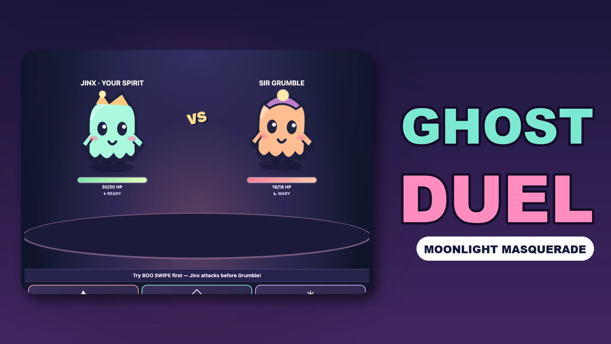 Ghost Duel, Moonlight Masquerade: Jinx the mint ghost facing Sir Grumble in a spell duel