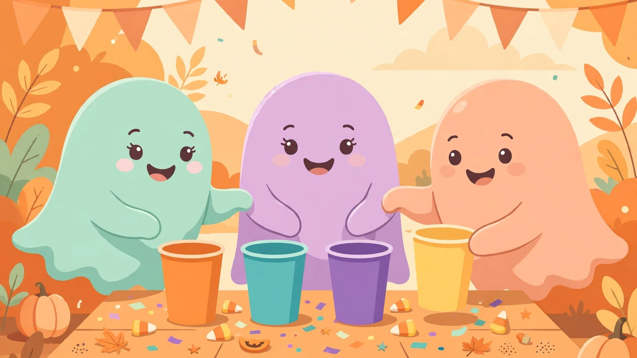 Three cute smiling ghosts in mint, lavender, and peach behind a party table with orange, teal, purple, and yellow cups, confetti, and pumpkins