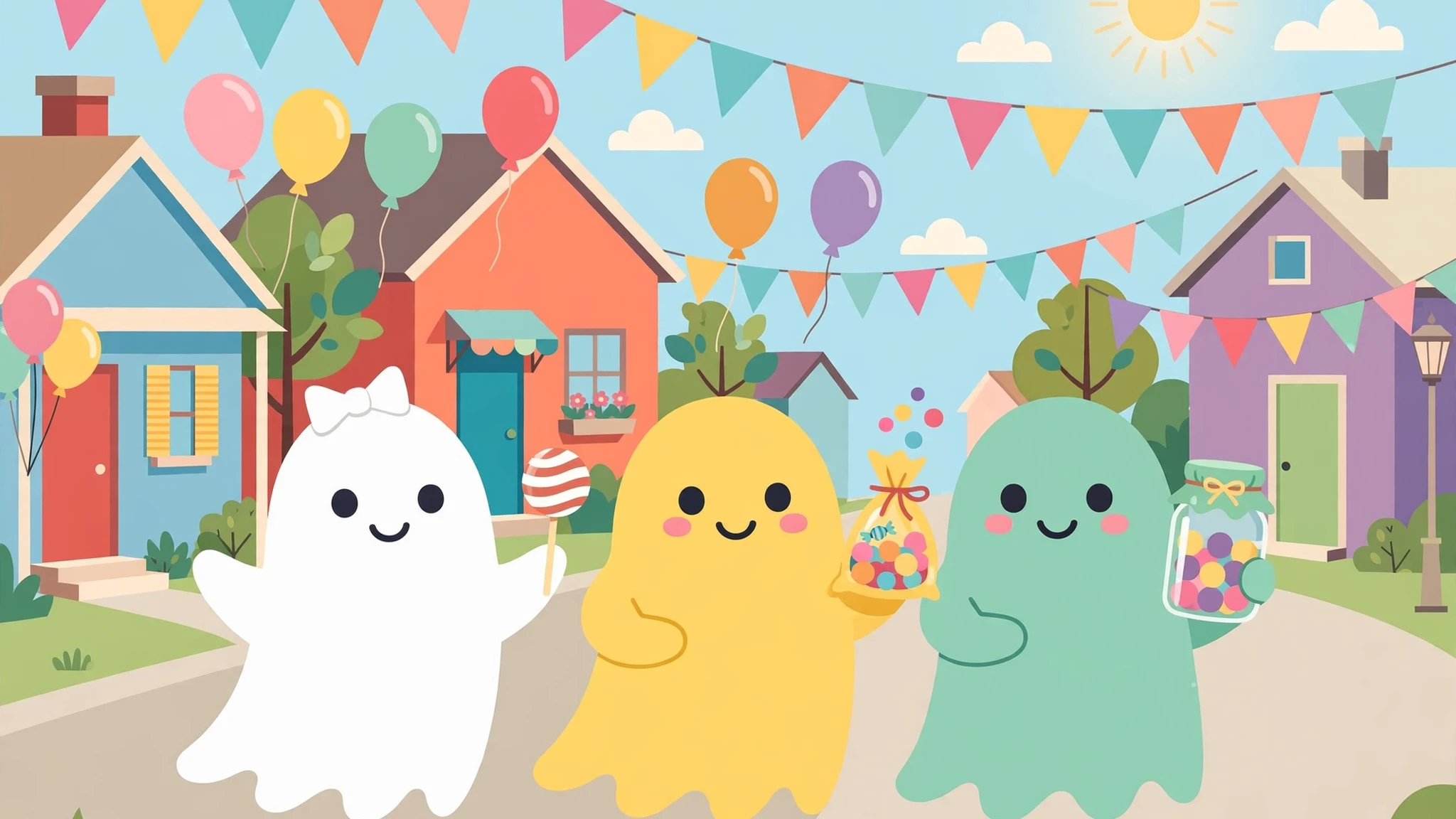 Three smiling flat-vector ghosts parading down a sunny town street: a white ghost with a bow holding a striped lollipop, a yellow ghost carrying a bag of candy, and a mint-green ghost holding a jar of candy, with colorful houses, party bunting, balloons, and a bright sun behind them.