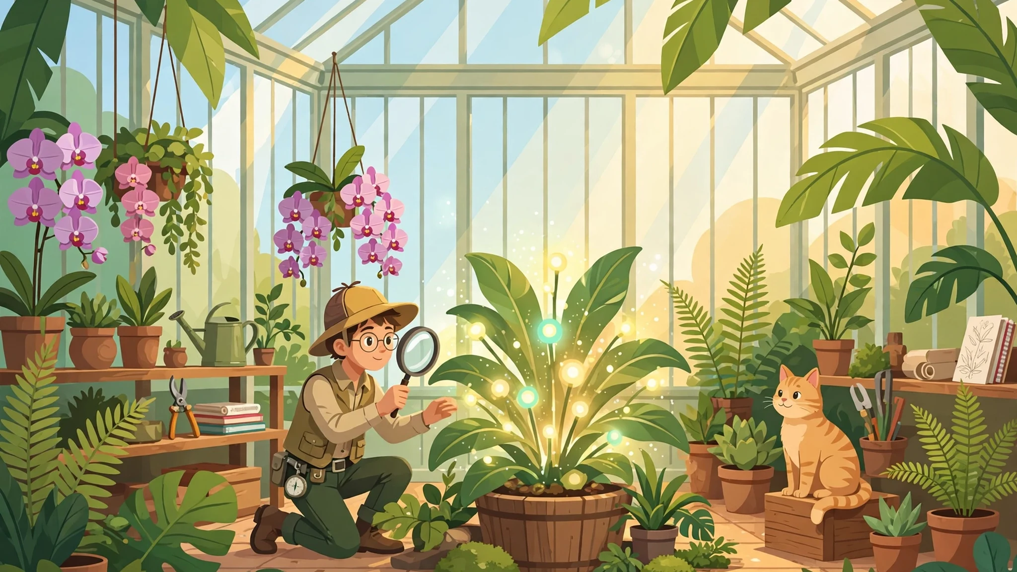 Flat vector cover of a sunny botanical glasshouse: a young botanist detective in a sun hat examines a glowing potted plant with a magnifying glass while an orange cat watches nearby among orchids and ferns.