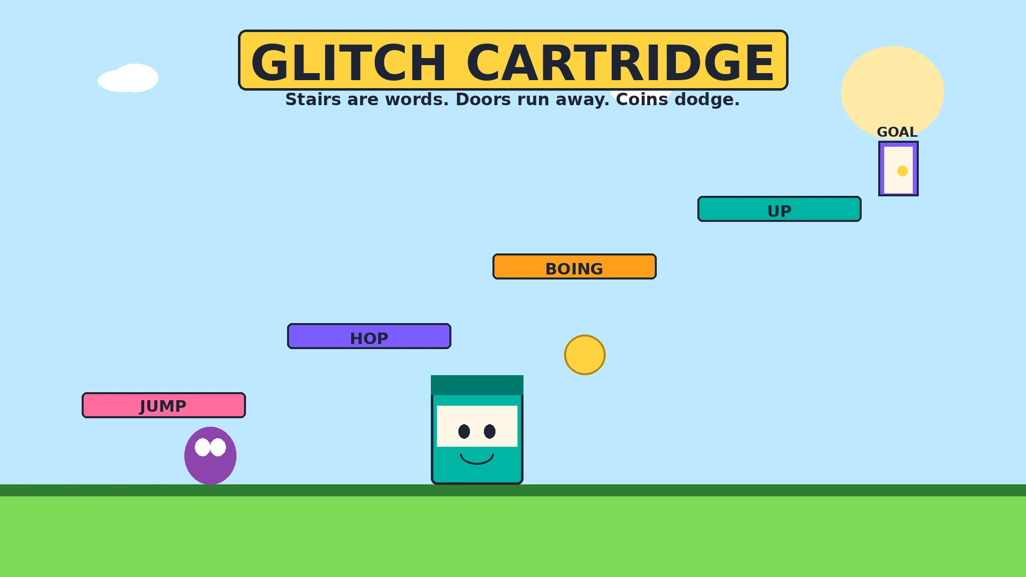 Teal cartridge hero Bit standing on green grass under a yellow Glitch Cartridge title, climbing pink, purple, orange and teal word platforms labeled JUMP, HOP, BOING and UP toward a purple GOAL door, with a gold coin and a purple glitch blob nearby.
