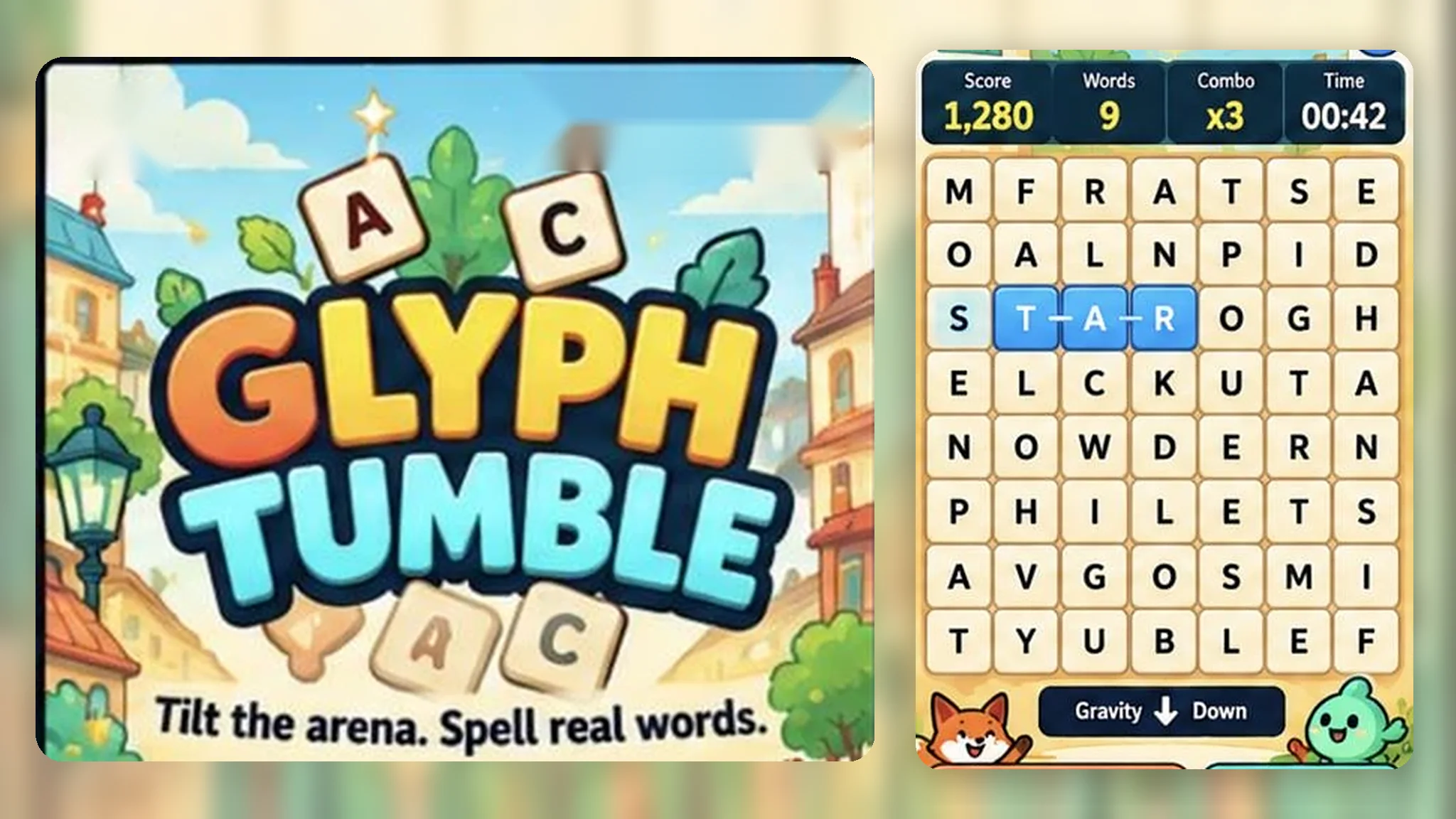 Glyph Tumble: the Glyph Tumble logo with letter tiles over a sunny town square, beside the 7\u00d78 letter arena with the word STAR highlighted, the score bar, and Tilly the fox and Pip by the gravity indicator