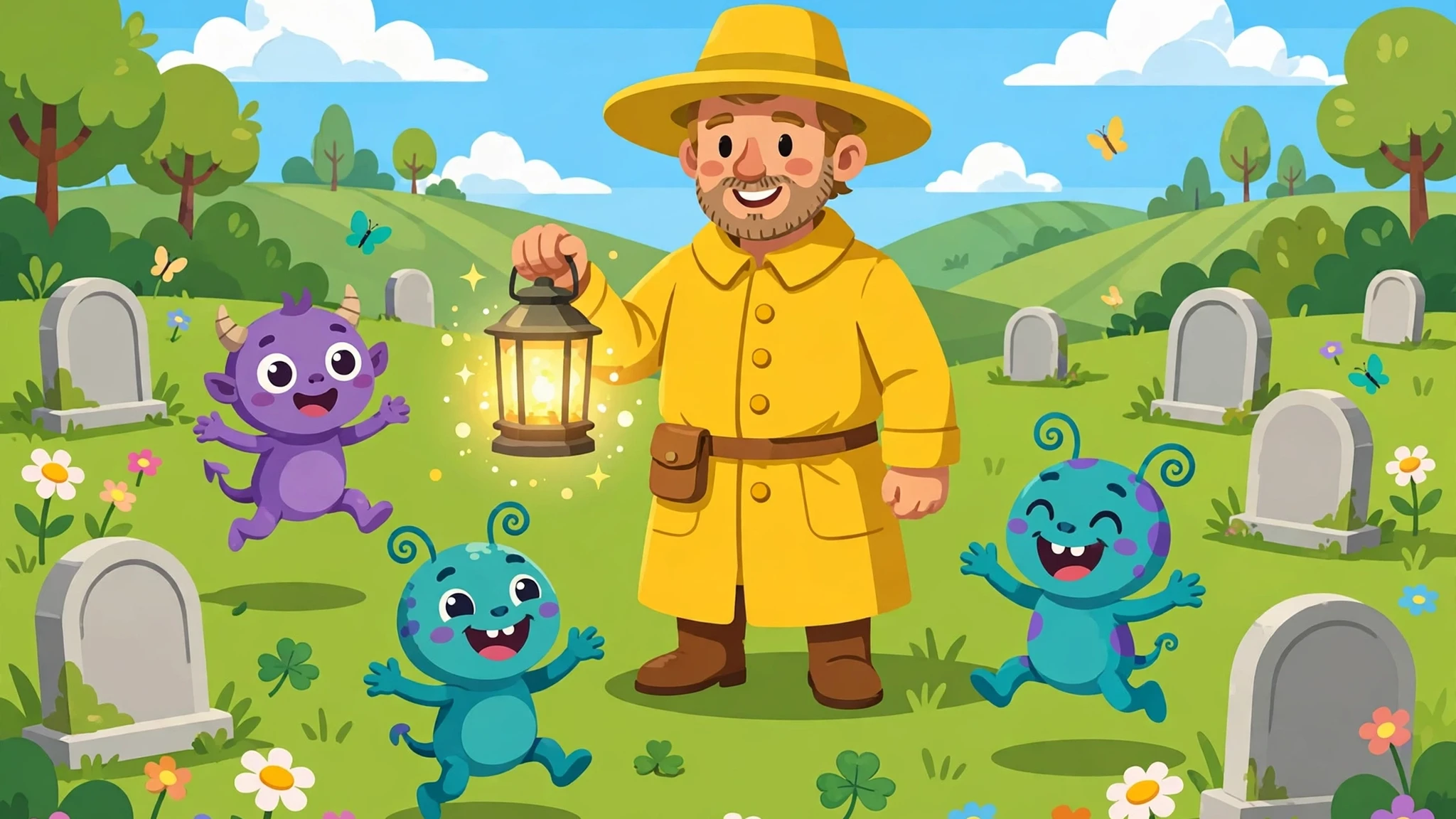 Gus the Gravekeeper in a yellow coat and wide-brim hat holding a glowing lantern in a sunny green graveyard with round tombstones, flowers, a purple horned ghoul and two teal ghouls bouncing around him